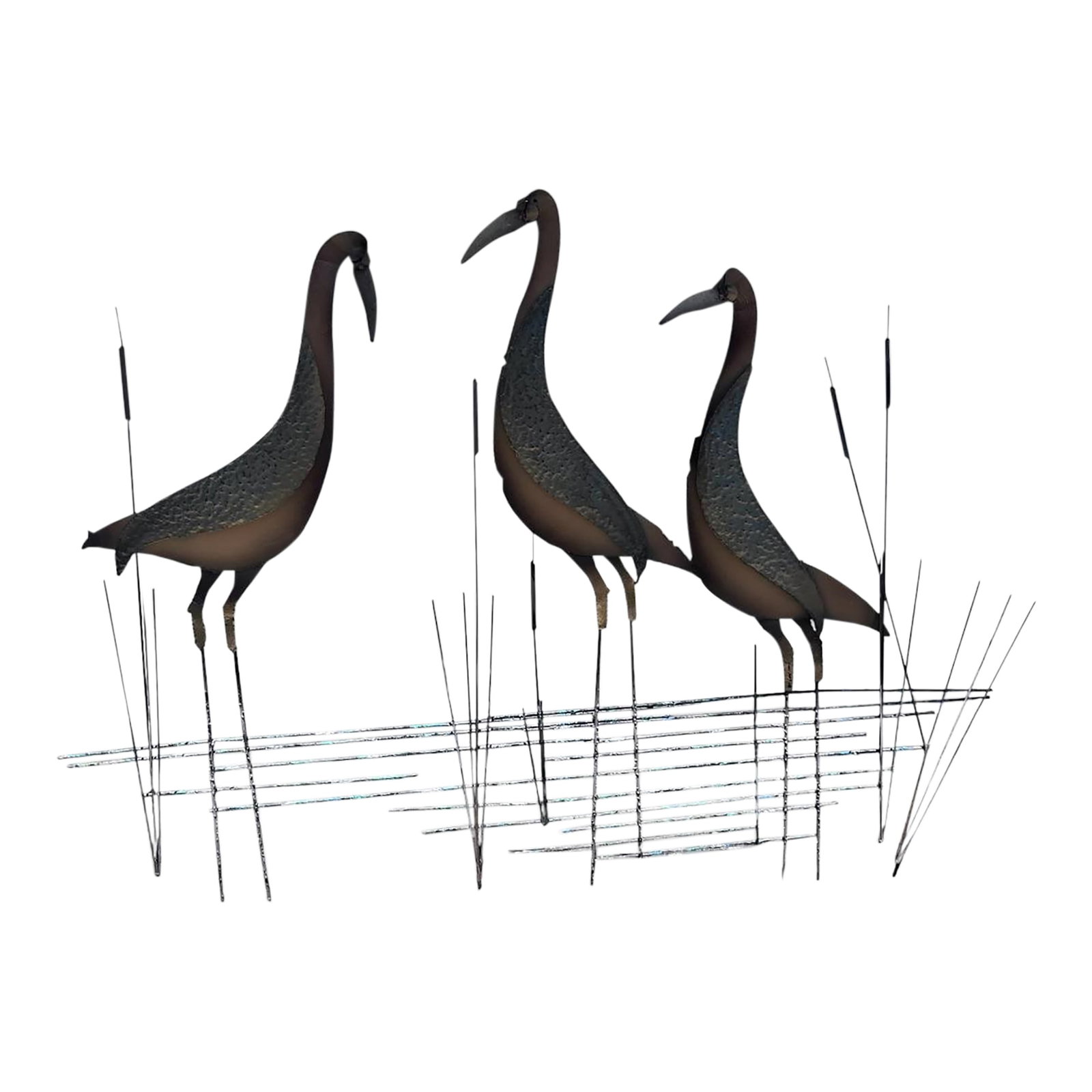 Signed Curtis Jeré 1995 Three Crane Marsh Sculpture by Artisan House: A striking and authentic signed Curtis Jeré metal sculpture depicting three elegant cranes standing amid stylized marsh reeds. Handcrafted in the artist's iconic modernist style, this sculptural 