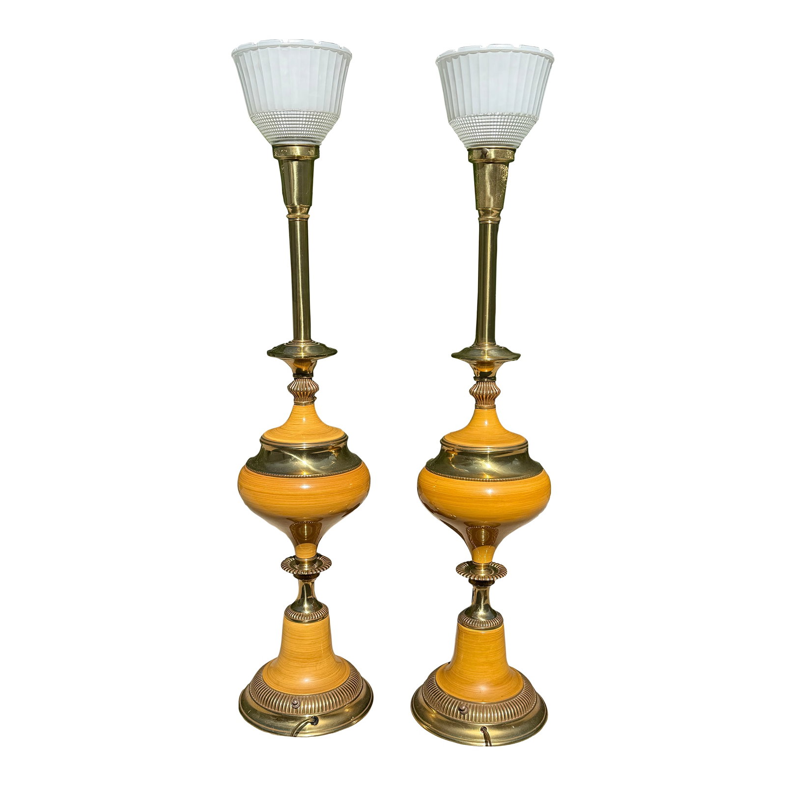 1970s Stiffel Torch Table Lamps - a Pair: Stiffel Brass and Enamel Torchiere Table Lamps. Condition: Alterations: Original Condition Unaltered Imperfections: Some Imperfections Condition Notes: Beautiful lamps with brass and enamel in mustard