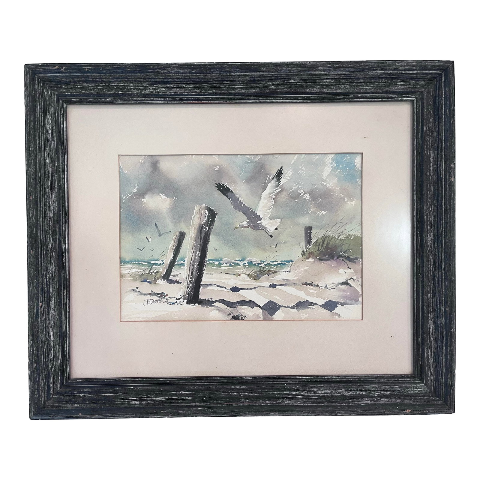1970s J. Everett Draper Original Coastal Watercolor of Seagulls Over Beach. (1 of 8)