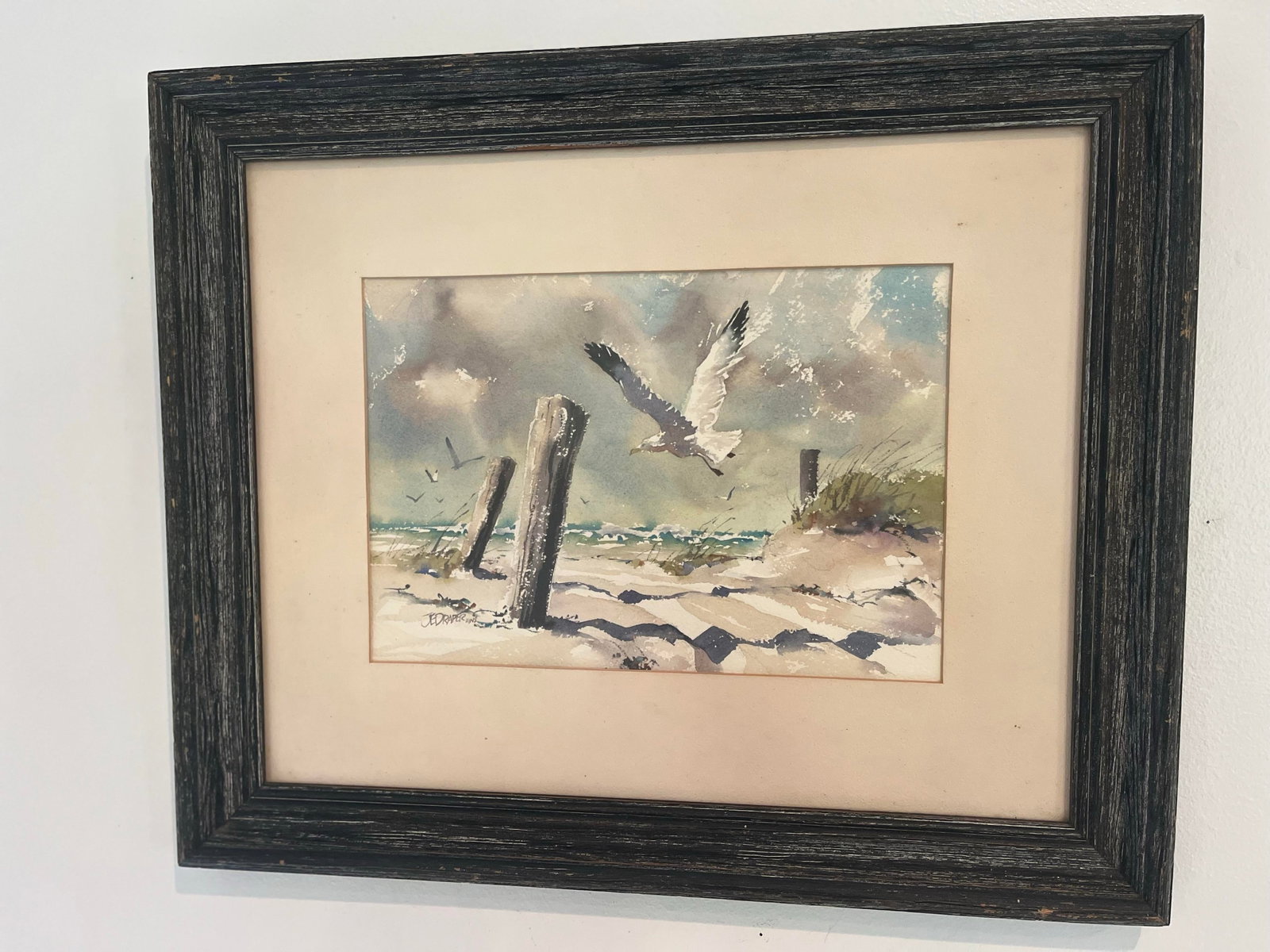1970s J. Everett Draper Original Coastal Watercolor of Seagulls Over Beach. - 2