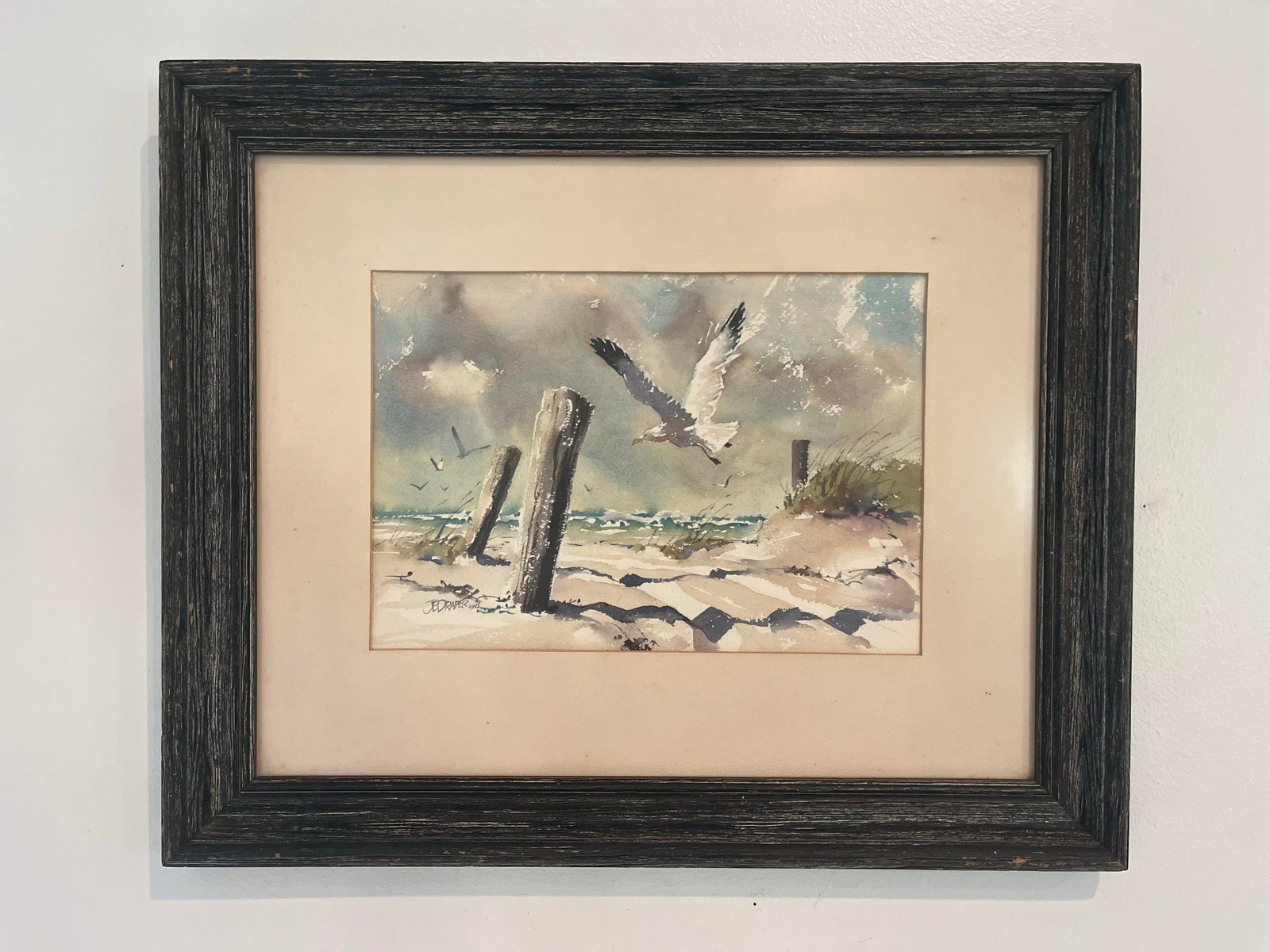 1970s J. Everett Draper Original Coastal Watercolor of Seagulls Over Beach. - 3