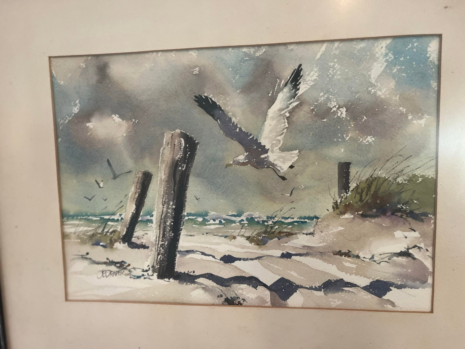 1970s J. Everett Draper Original Coastal Watercolor of Seagulls Over Beach. - 5