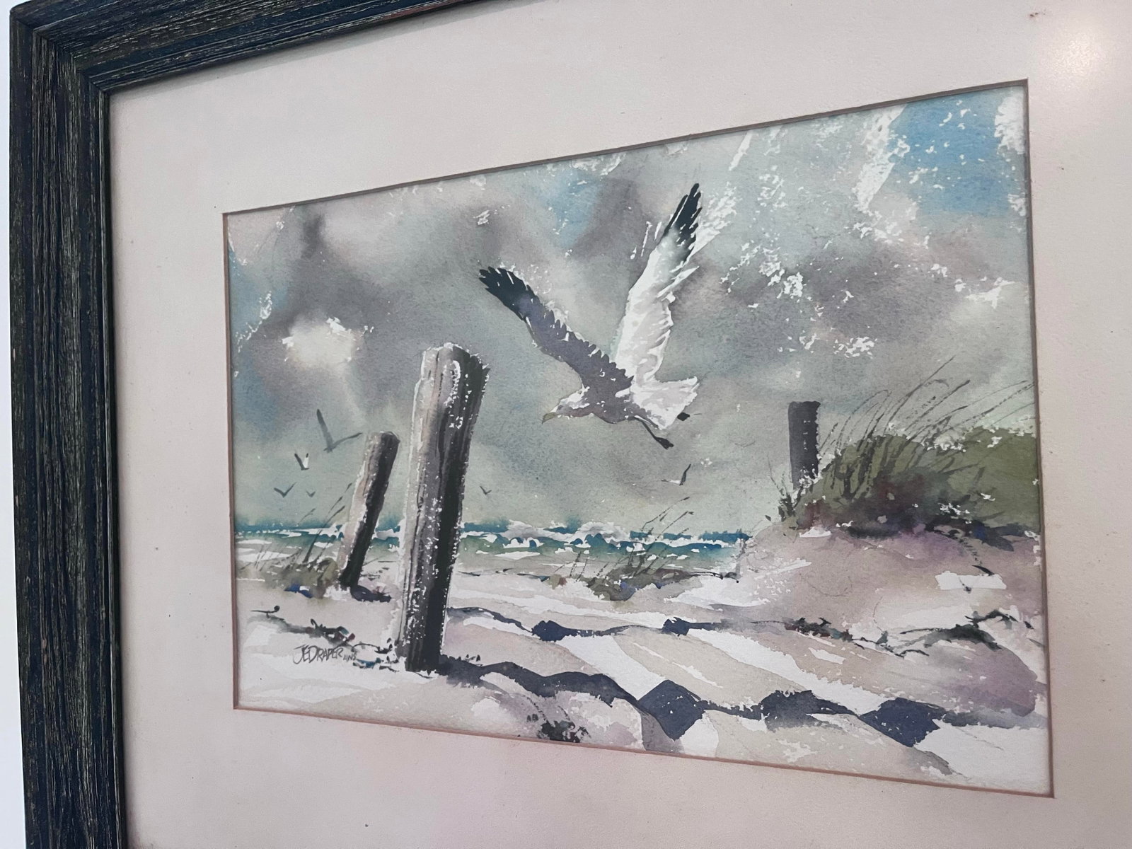 1970s J. Everett Draper Original Coastal Watercolor of Seagulls Over Beach. - 7