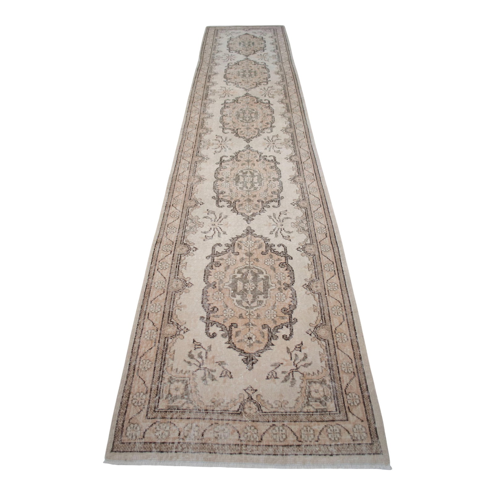 Hand-Knotted Earth Tones Turkish Runner Rug Faded Colors Low Pile Hallway Decor - 2'9"³x: This authentic 1970s hand-knotted runner rug originates from Central Anatolia, bringing a timeless sense of artistry to contemporary interiors. Woven with organic wool on a cotton foundation, its
