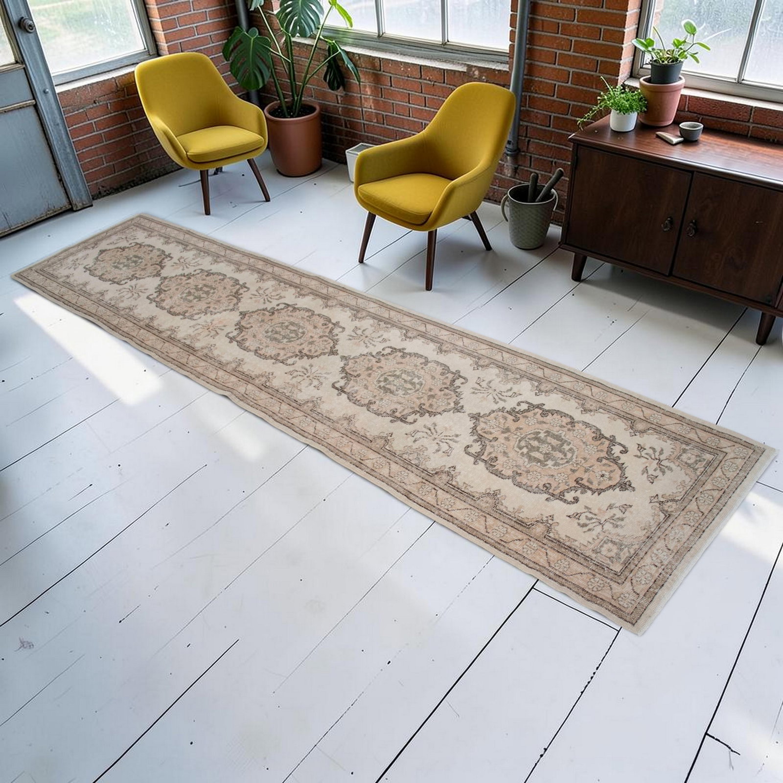 Hand-Knotted Earth Tones Turkish Runner Rug Faded Colors Low Pile Hallway Decor - 2'9"³x - 2
