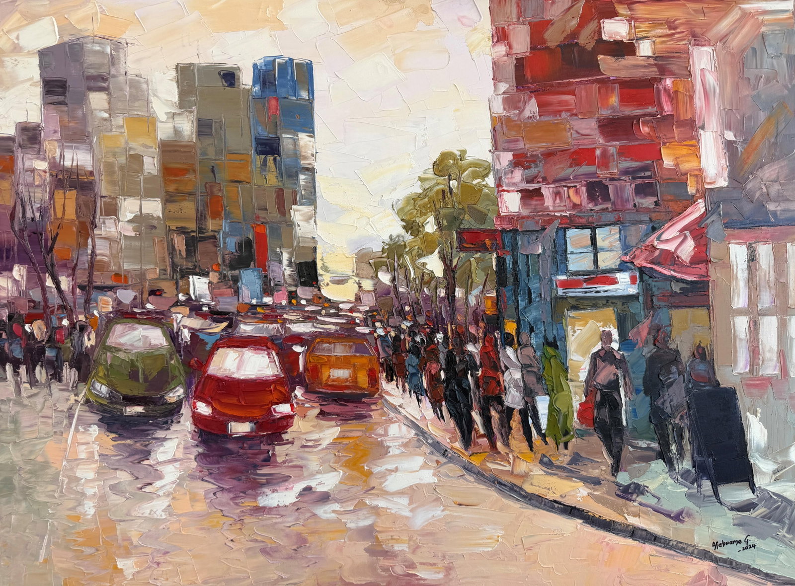 City Glow: The Afternoon Rush, Impasto Oil Painting by Godfrey Afebuame (2024): I painted City Glow: The Afternoon Rush to capture the vibrant energy and organized chaos of a city in motion. The painting shows a busy street filled with cars and people, all moving through the