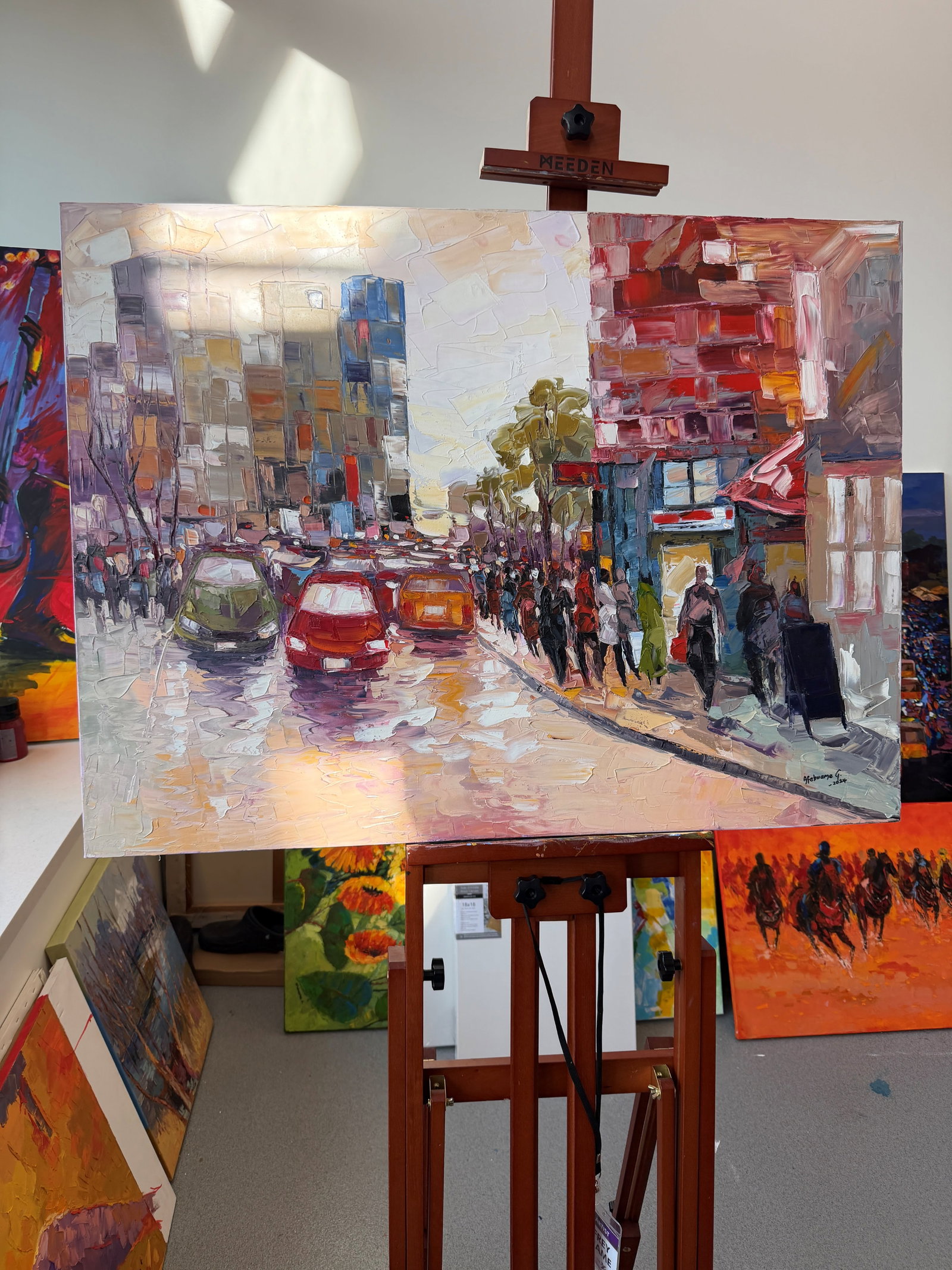 City Glow: The Afternoon Rush, Impasto Oil Painting by Godfrey Afebuame (2024) - 3