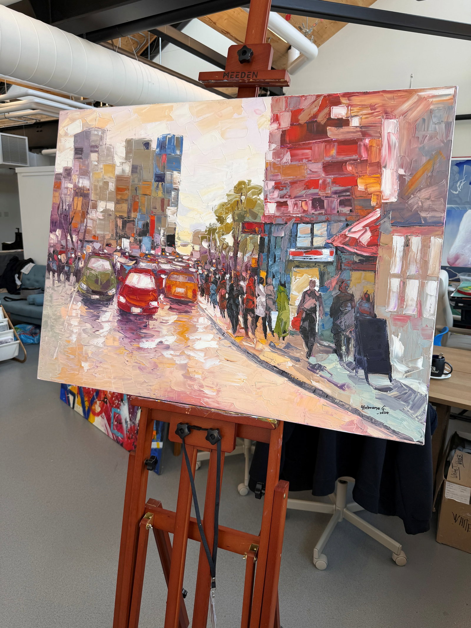 City Glow: The Afternoon Rush, Impasto Oil Painting by Godfrey Afebuame (2024) - 4