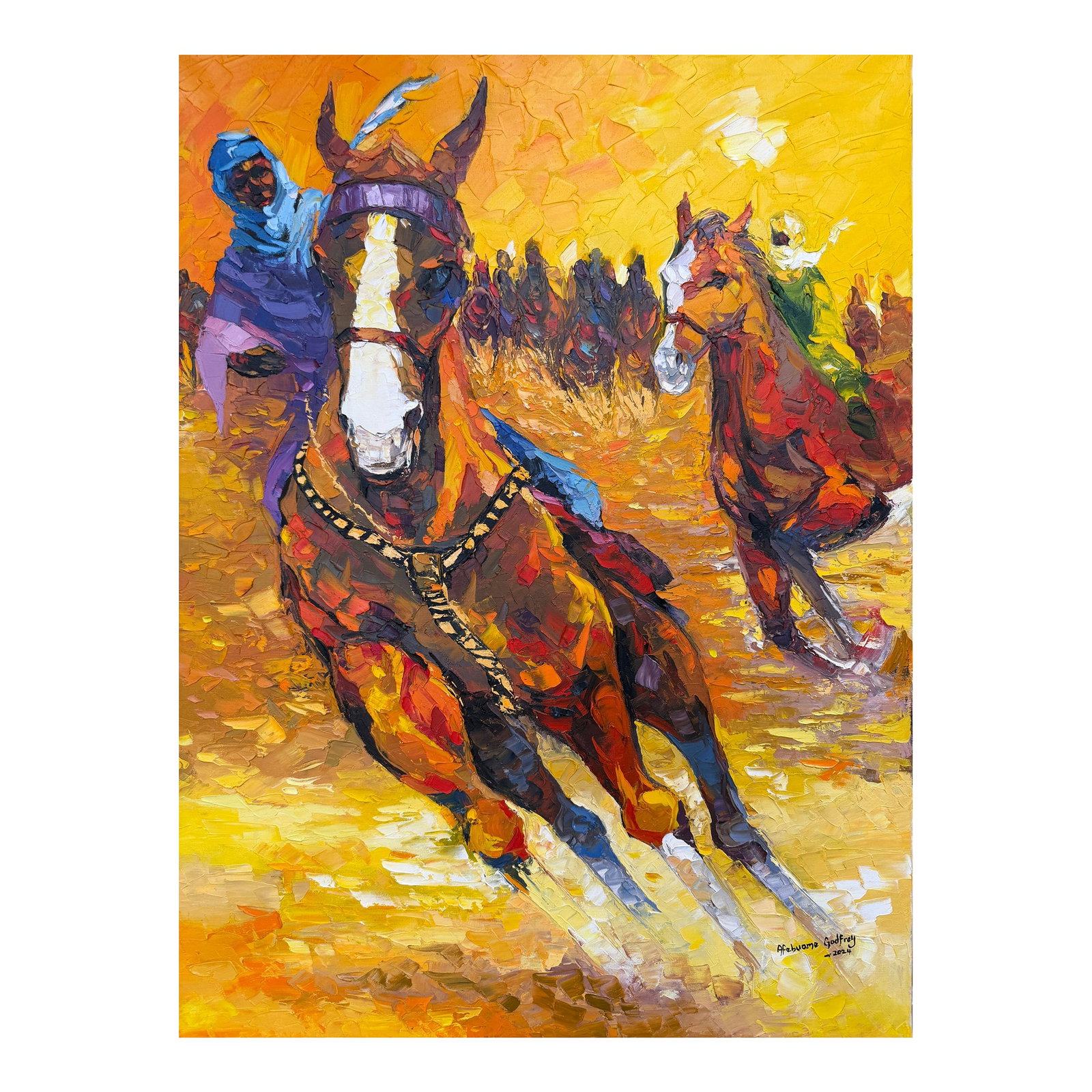 Victory Charge, Impasto Oil Painting by Godfrey Afebuame (2024): I painted Victory Charge to capture the raw energy and pride of the Durbar festival. The painting shows riders and their horses in full gallop, moving with power and purpose. I used a very thick