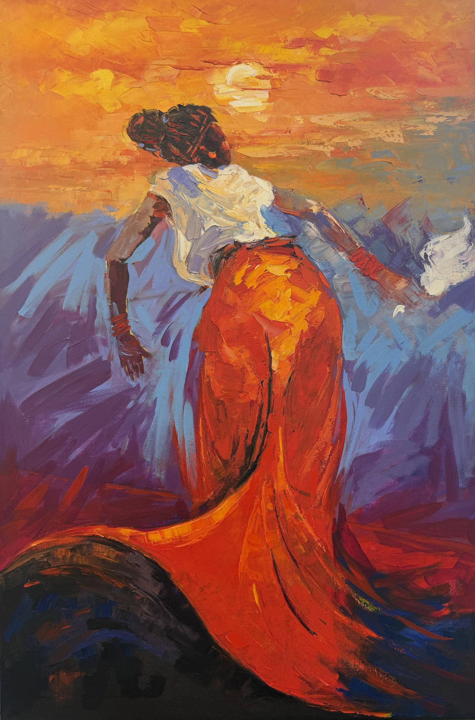 Dancing as the Sun Dies, Impasto Oil Painting by Godfrey Afebuame (2026): I created Dancing as the Sun Dies to show a moment of pure joy as the day ends. The figure in the painting is turned away, reaching toward the final glow of the sun. She uses her dance and a white