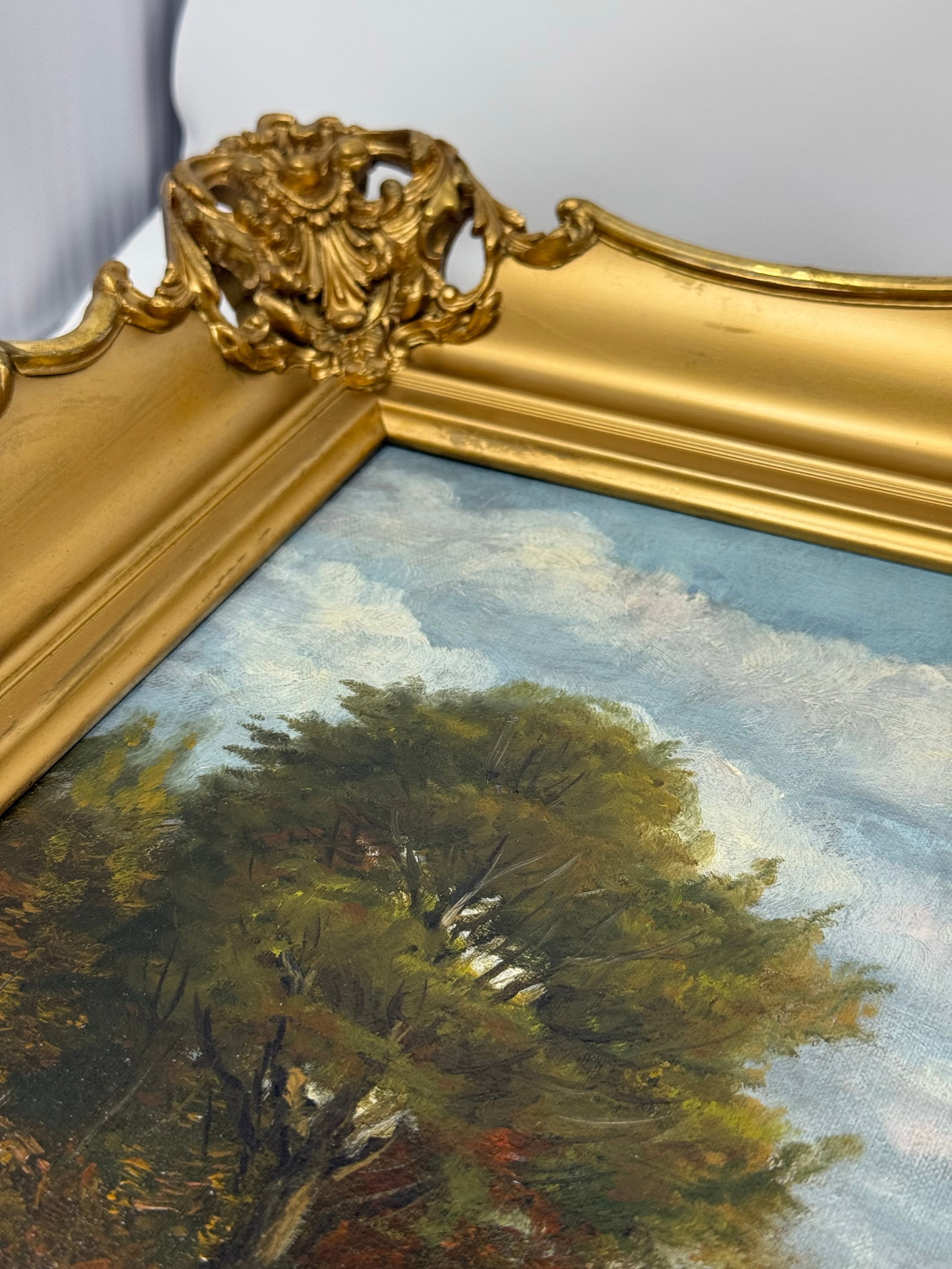 Mid 20th Century Signed European Pastoral Oil Painting in Ornate Rococo Gilt Frame With Grazing Shee - 10