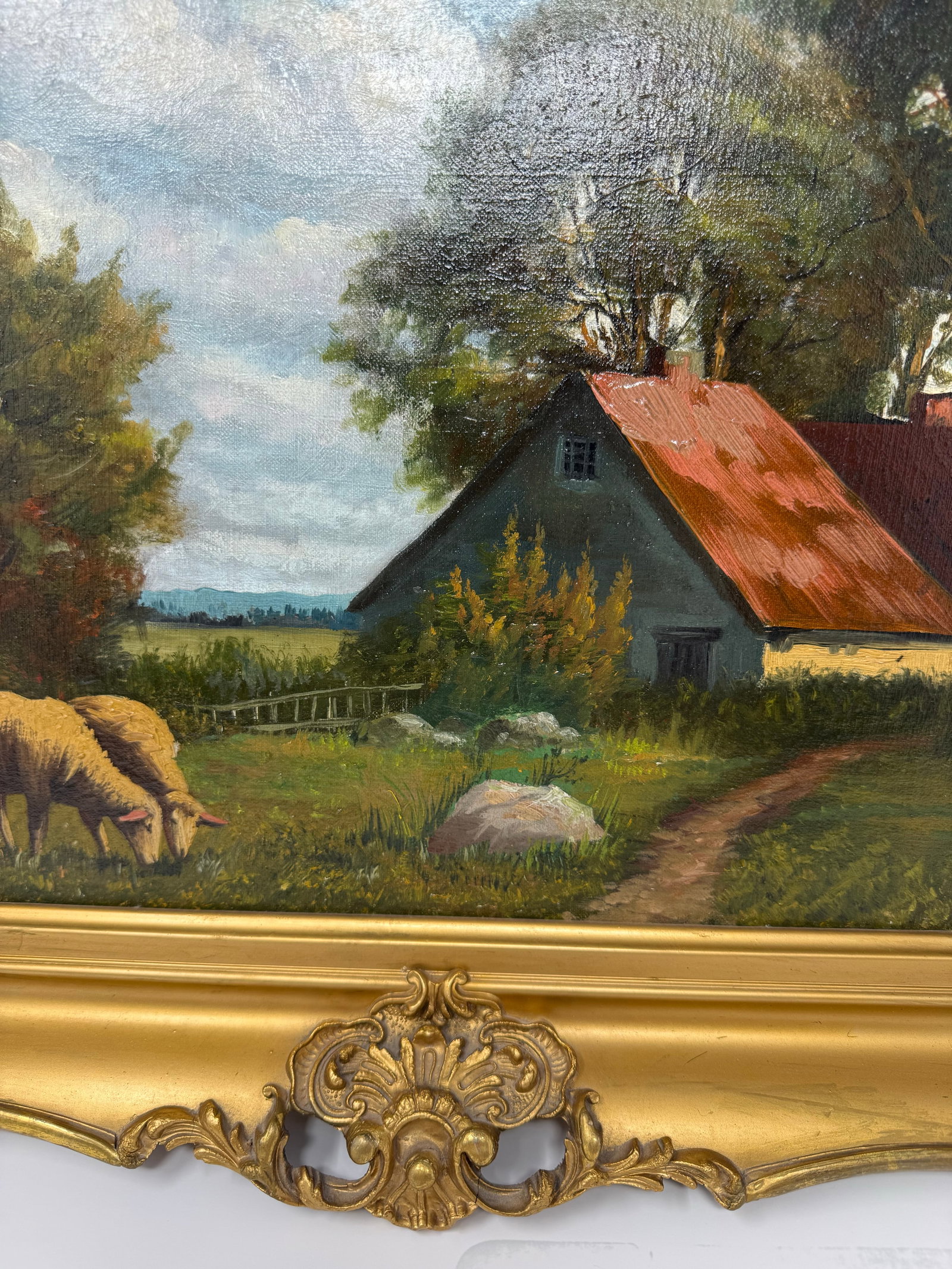Mid 20th Century Signed European Pastoral Oil Painting in Ornate Rococo Gilt Frame With Grazing Shee - 11