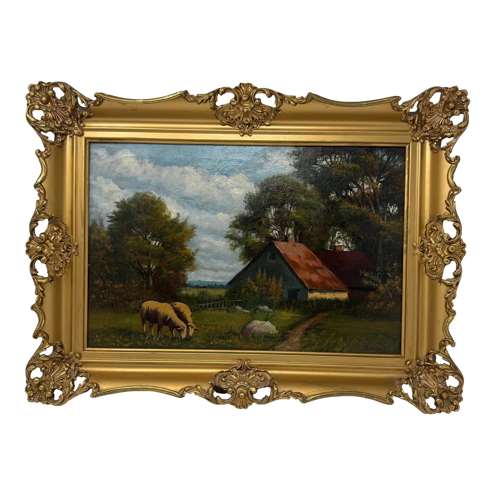 Mid 20th Century Signed European Pastoral Oil Painting in Ornate Rococo Gilt Frame With Grazing Shee: Bring timeless European charm to your interiors with this beautifully executed original signed oil painting depicting a peaceful countryside farmstead. The composition features grazing sheep before a