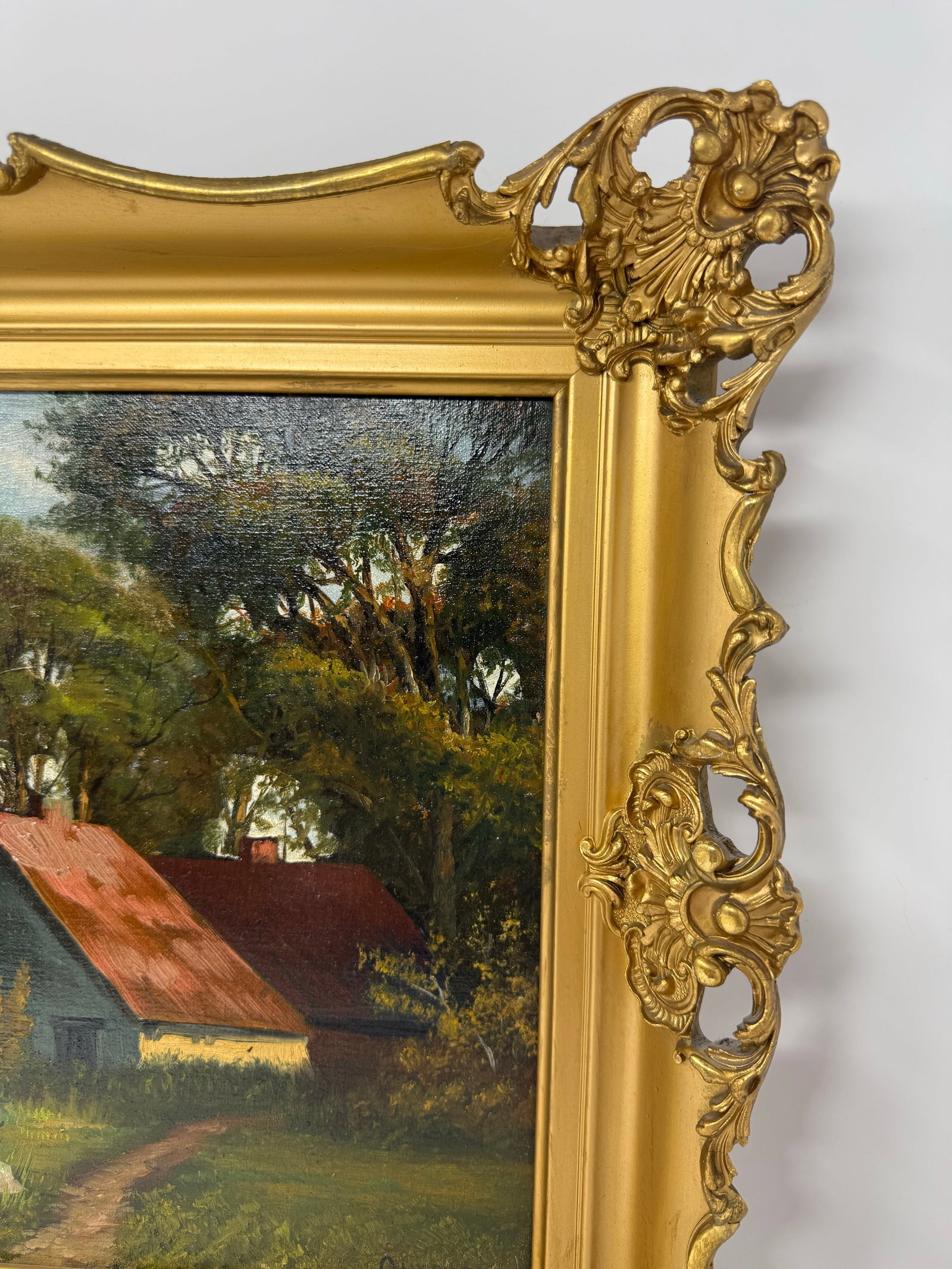 Mid 20th Century Signed European Pastoral Oil Painting in Ornate Rococo Gilt Frame With Grazing Shee - 2