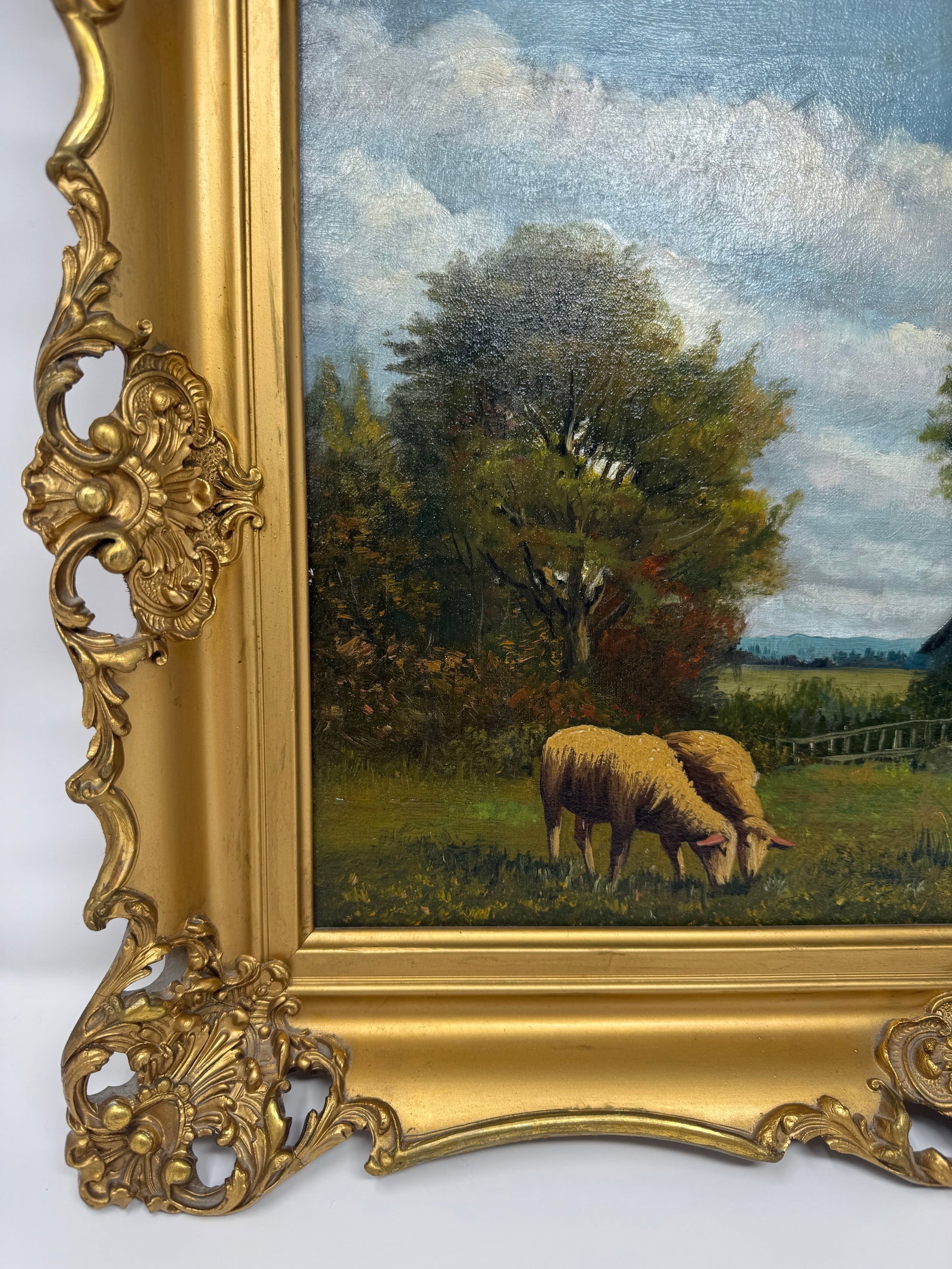 Mid 20th Century Signed European Pastoral Oil Painting in Ornate Rococo Gilt Frame With Grazing Shee - 4
