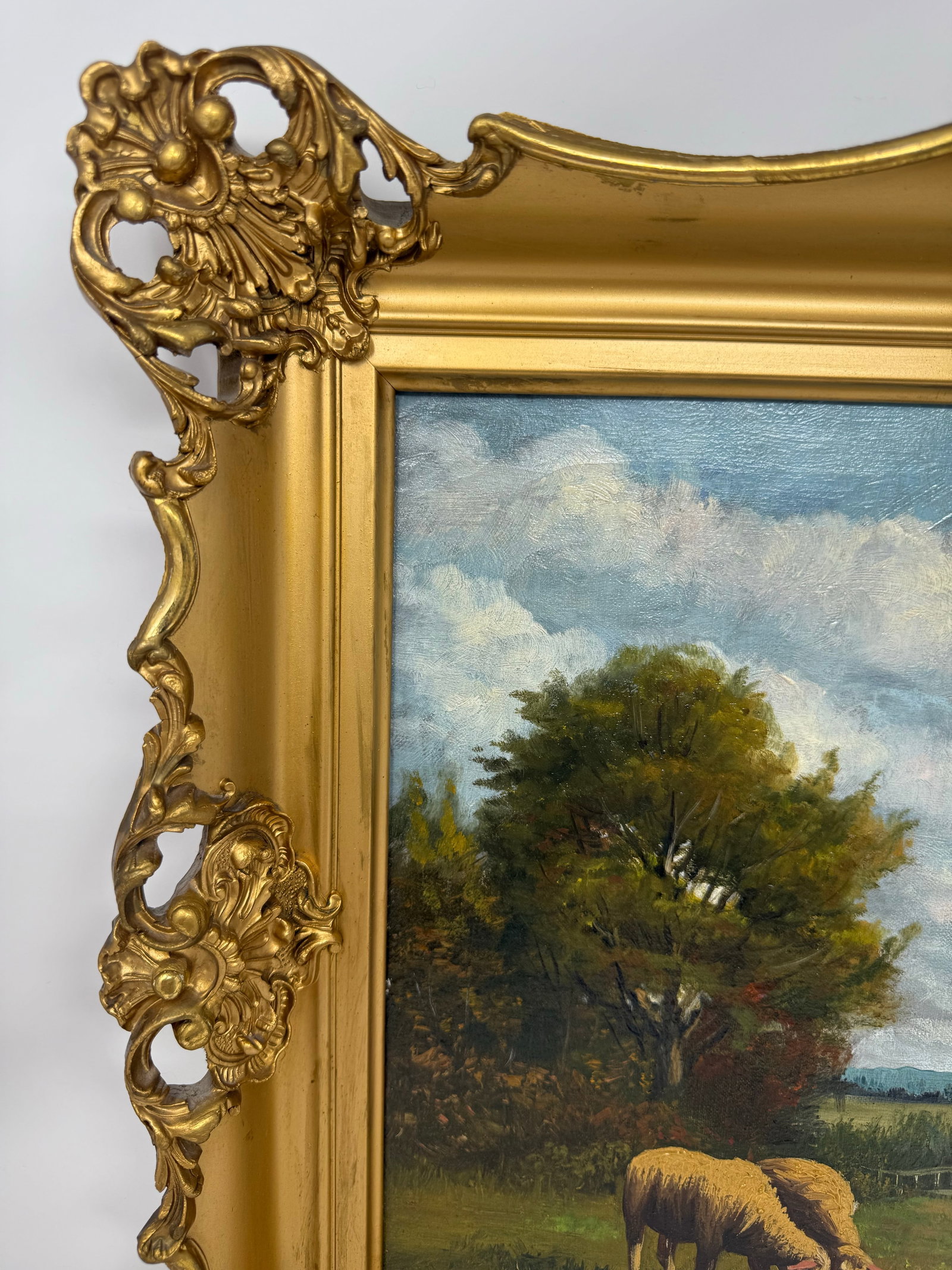 Mid 20th Century Signed European Pastoral Oil Painting in Ornate Rococo Gilt Frame With Grazing Shee - 5