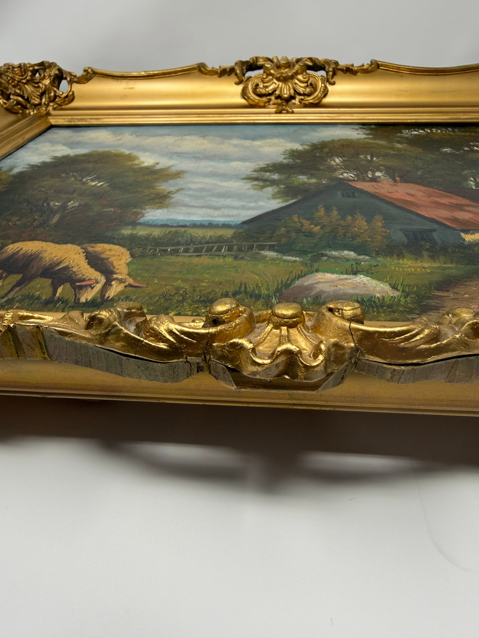Mid 20th Century Signed European Pastoral Oil Painting in Ornate Rococo Gilt Frame With Grazing Shee - 6