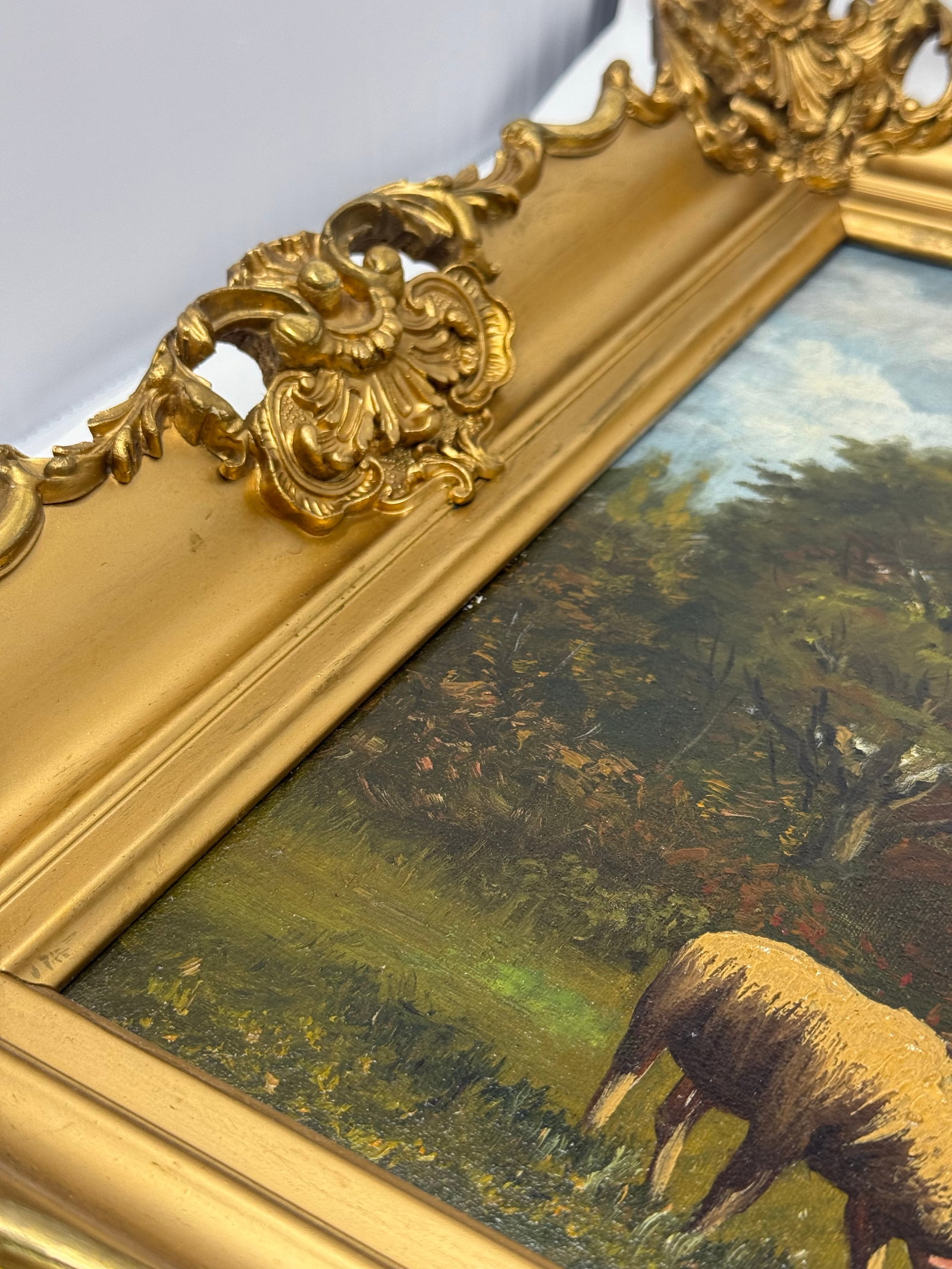 Mid 20th Century Signed European Pastoral Oil Painting in Ornate Rococo Gilt Frame With Grazing Shee - 8