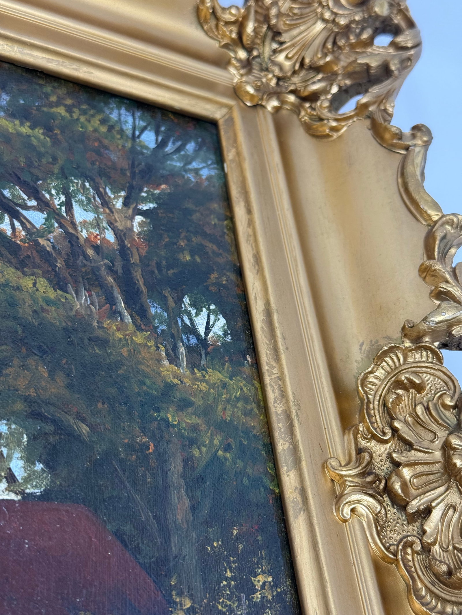 Mid 20th Century Signed European Pastoral Oil Painting in Ornate Rococo Gilt Frame With Grazing Shee - 9