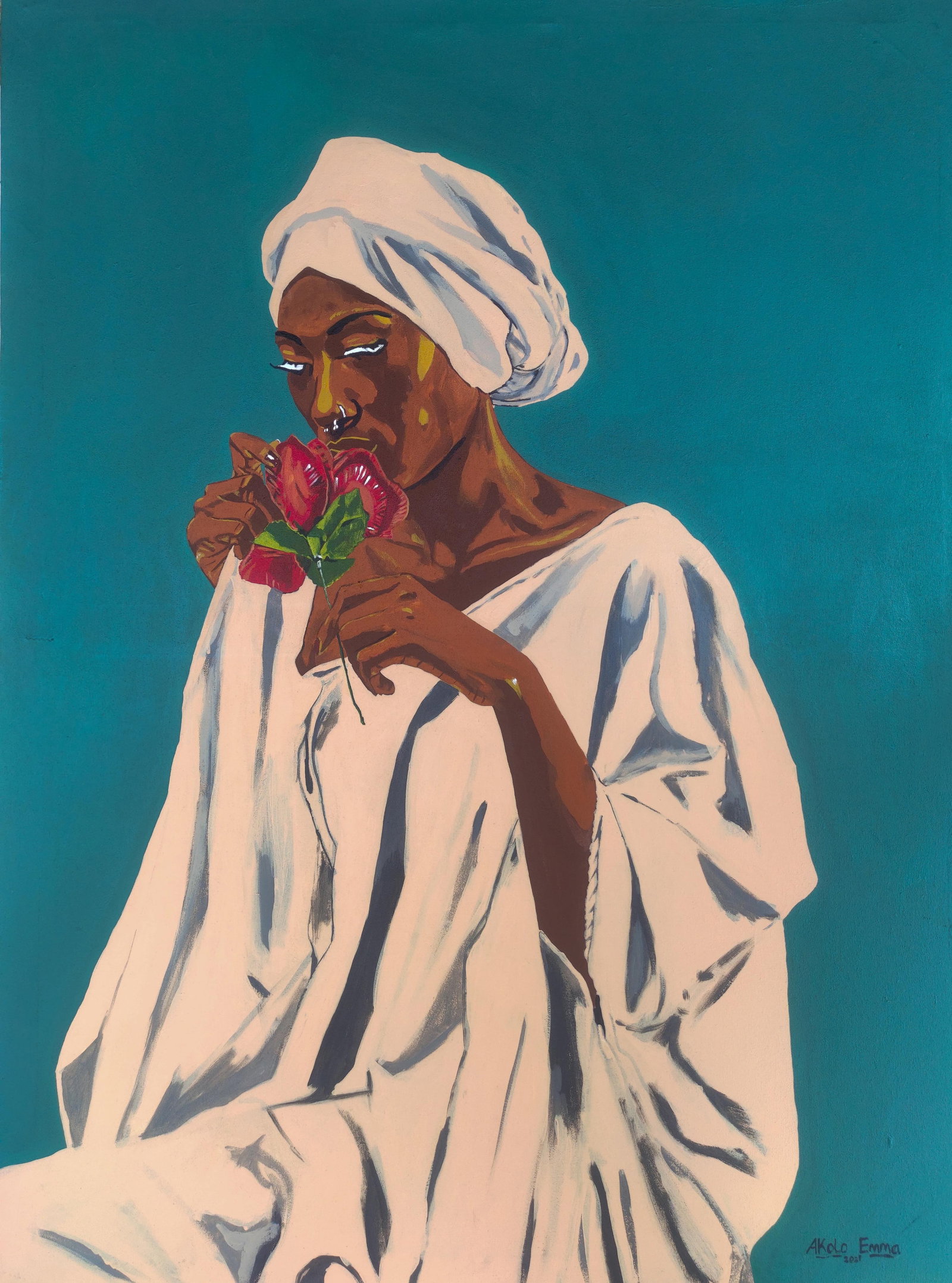One Day I'll Find a Way, Acrylic Painting by Emmanuel Akolo, (2022): One Day I'll Find a Way is a visual meditation on the quiet endurance and internal dialogue required to navigate life's transitions. The subject, enveloped in a luminous white garment, is captured in
