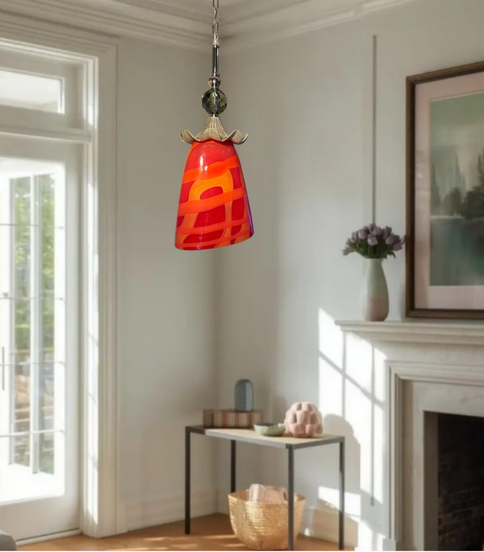Late 20th Century Murano Orange Red Abstract Flower Bud Pendant Light - 17
