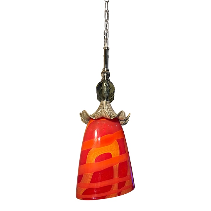 Late 20th Century Murano Orange Red Abstract Flower Bud Pendant Light: This exceptional Murano art glass piece is likely attributed to Fulvio Bianconi. This sculptural glass form has been transformed into a unique pendant light through the integration of vintage lamp