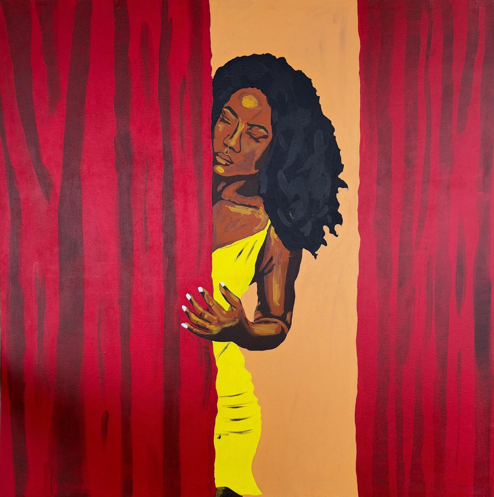 Behind the Curtains, Acrylic on Canvas, Emmanuel Akolo, (2022): They hung this curtain Between You and me As a result I feel My life's all tied up. I wish to reach You Breaking all my bonds I also hope You can call on me Crossing the veil that hangs. My eyes
