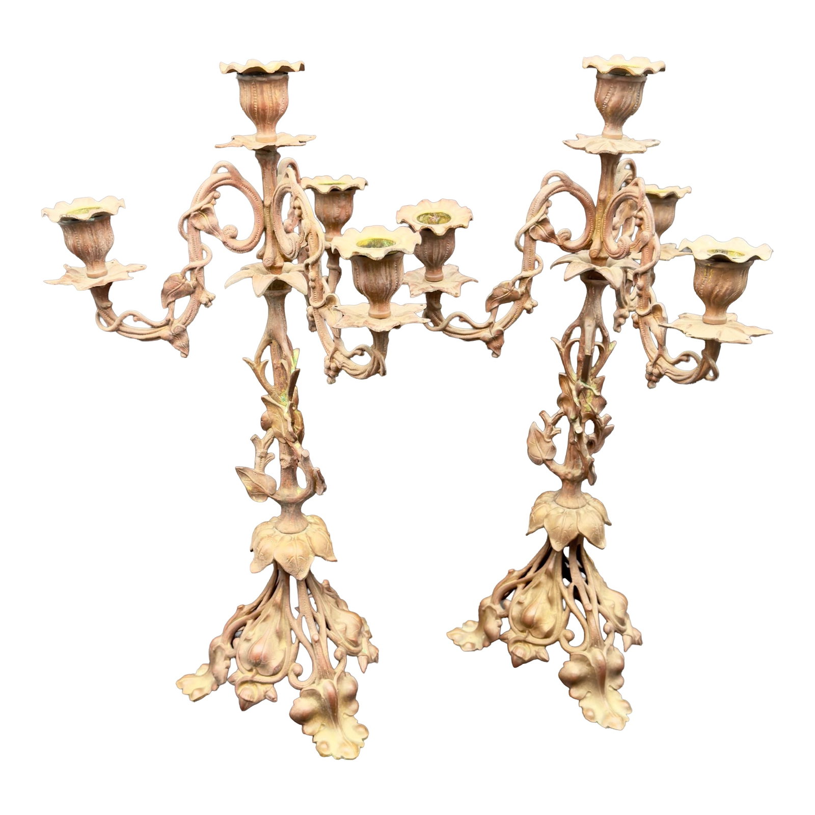 Antique French Art Noveau Bronze Candelabra Set: These rare antique French Art Noveau candelabras feature an intricate, highly sculptural design that perfectly captures the biological aesthetic of the Ecole de Nancy and early 1900's French decorativ