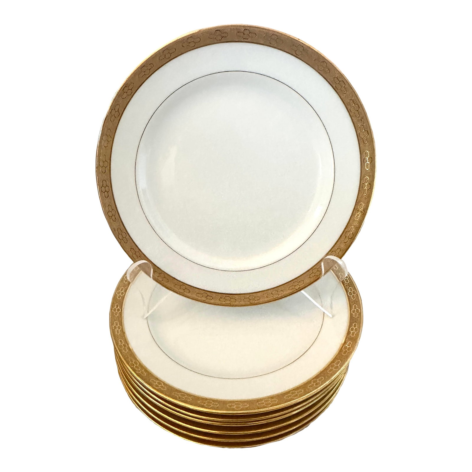 Vintage C. Ahrenfeldt Limoges 24kt Gold Rim Salad Plates-Set of 7: Vintage set of 7 C. Ahrenfeldt Limoges salad plates with a 24kt gold honeycomb boarder and a inner ring. Perfect to mix and match with other gold rim dinnersets. I also have matching saucers and