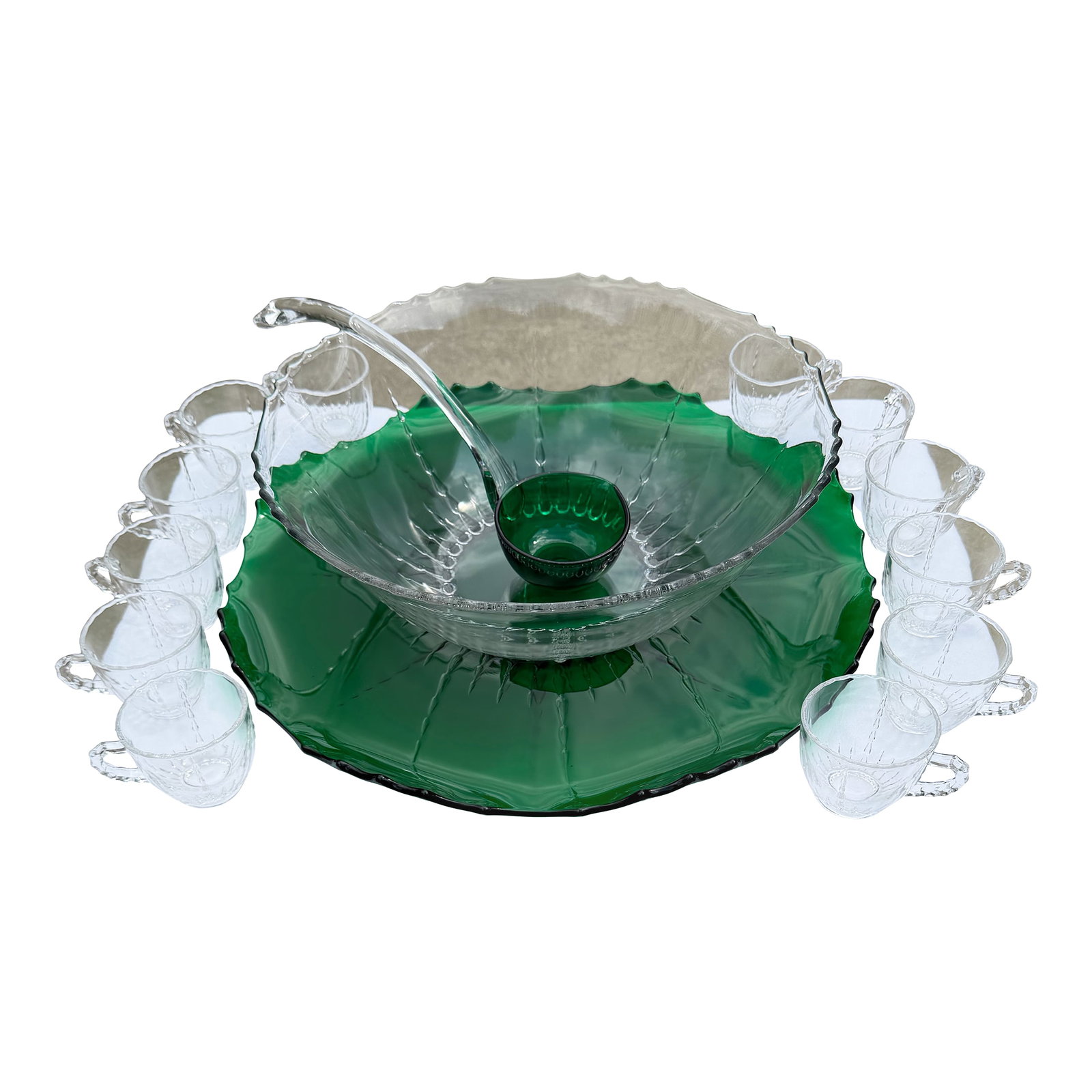 1930s New Martinsville Radiance Punch Bowl: New Martinsville Glass Company (1936-1939) Later becoming Viking Glass after 1944. This Radiance Pattern features Crystal and Green glass. A complete set includes under platter, Ladle, 12 cups and