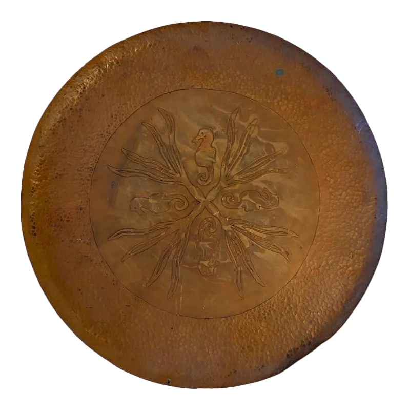 1940s Arts & Crafts Sea Horses & Kelp Copper Tray: Beautiful Antique "Arts & Crafts" Style hammered platter etched with 4 Sea Horses in Kelp. Artist unknown. No signature visible. Weighs roughly 2lbs 8oz. Condition: Alterations: Original Design