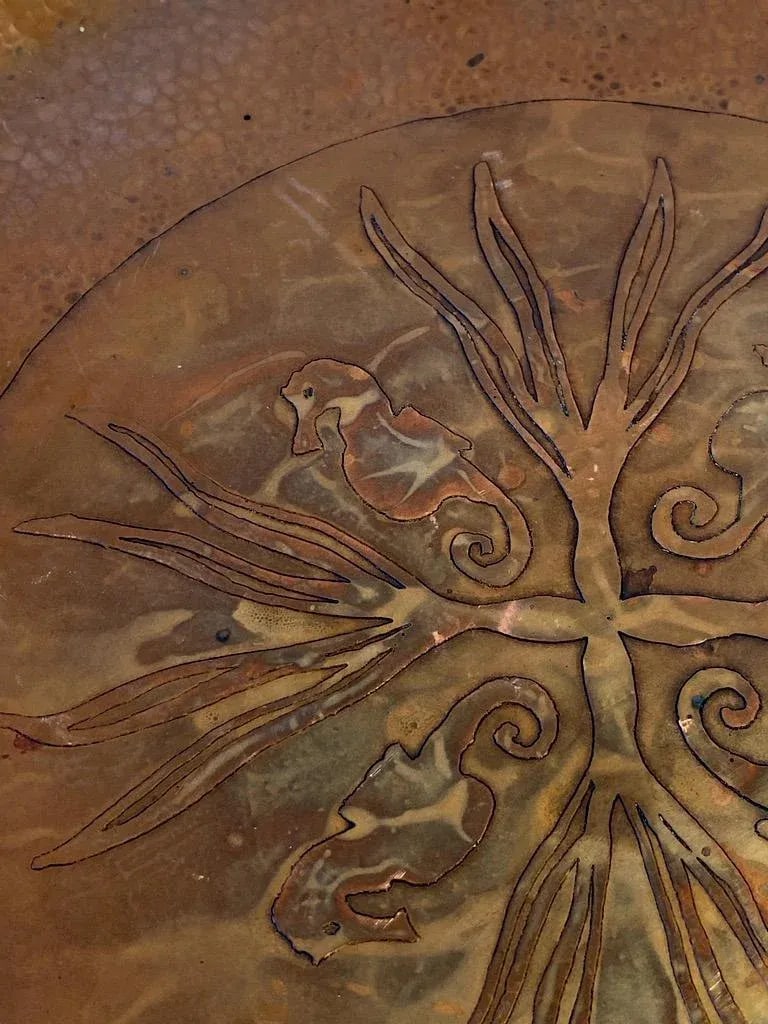 1940s Arts & Crafts Sea Horses & Kelp Copper Tray - 3