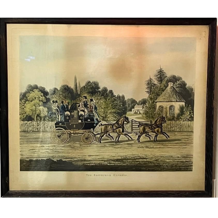 Antique 1835 Coaching Prints: 21.5"x18.5" Quicksilver & Edinburgh Express Pair - 10