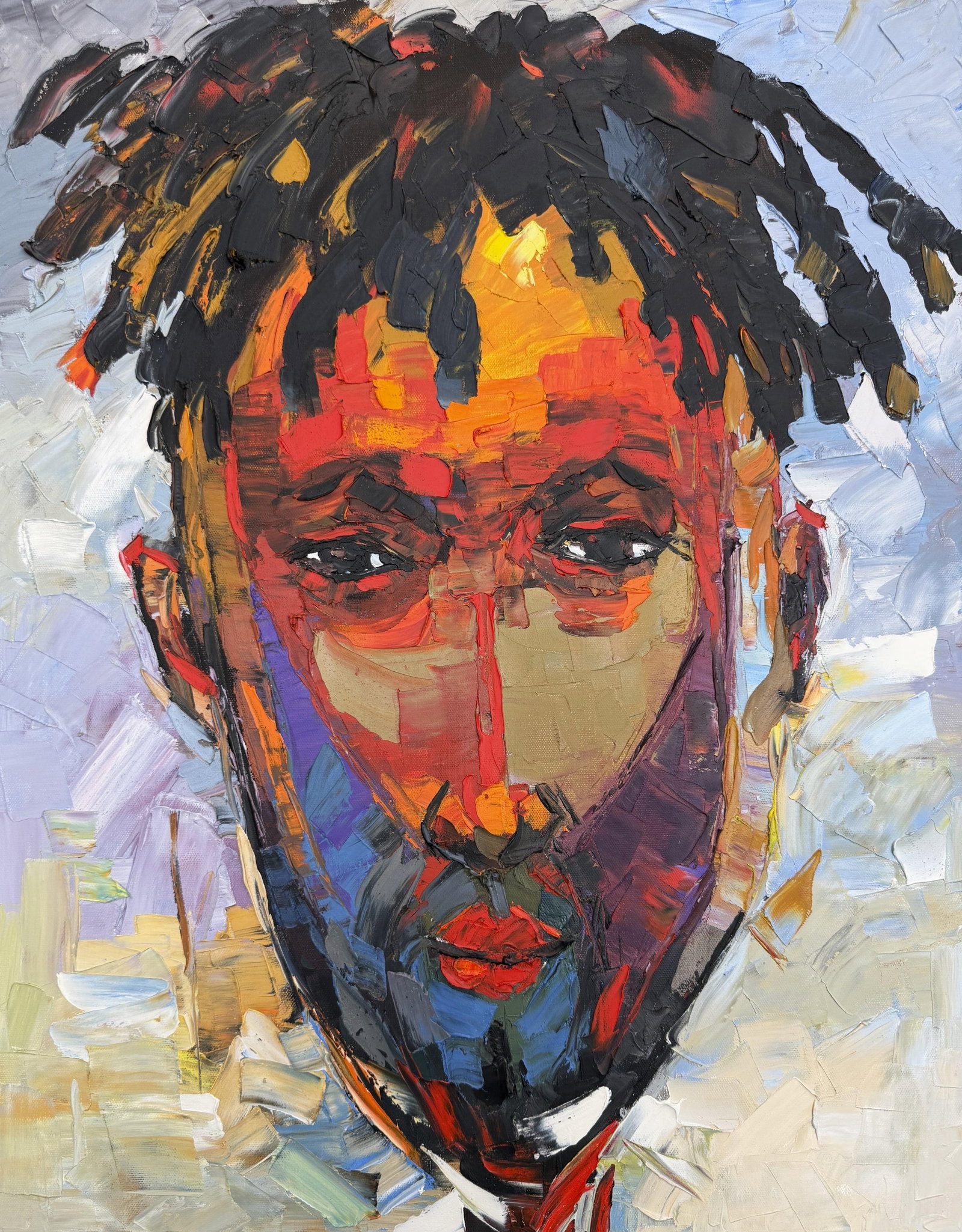 Metamorphosis, Oil on Canvas, Godfrey Afebuame (2024): I painted Metamorphosis to explore the deep and often difficult process of personal change. The portrait features a close-up view of a face, captured in a moment of intense reflection. I used a very t
