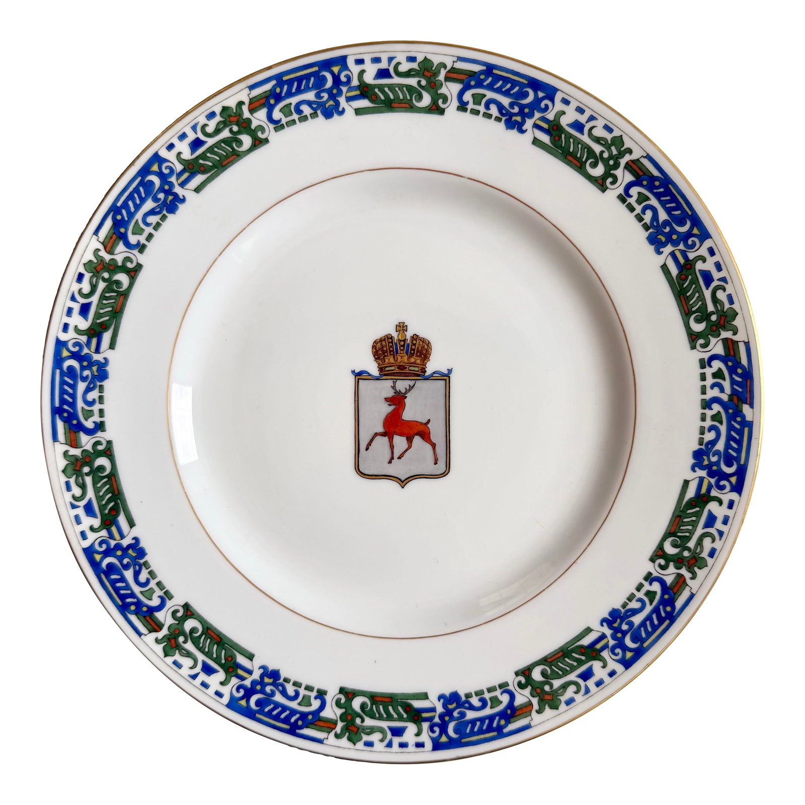 Kornilov Brothers Russian Imperial Armorial Crest Antique Porcelain Plate: Rare piece of fine imperial Russian porcelain, with a coat of arms featuring a stag and a crown. Signed and numbered on the back. Condition: Alterations: Original Condition Unaltered Imperfections: So