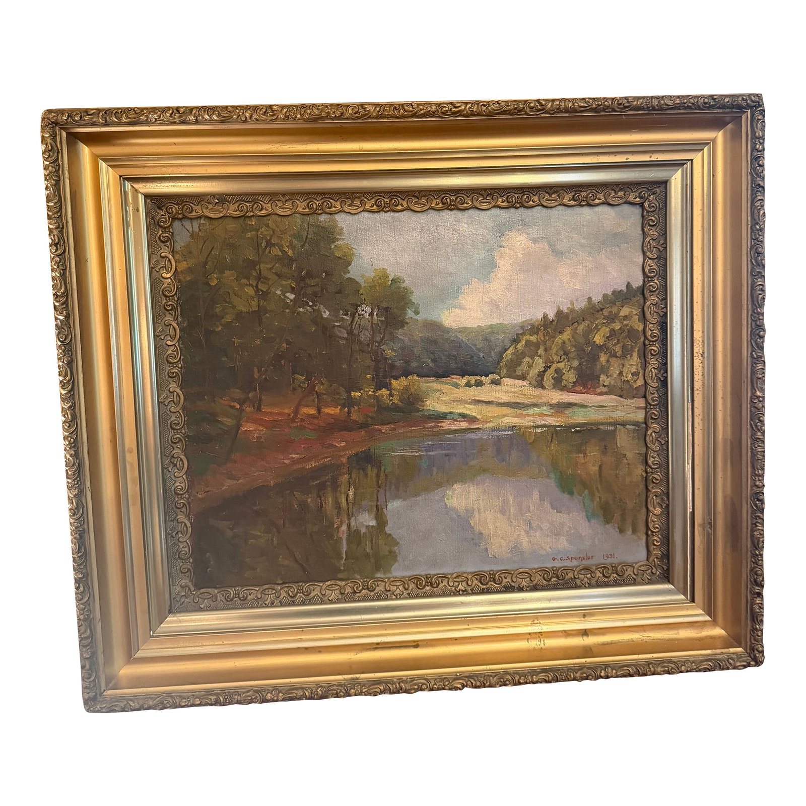 Signed 1931 g.c. Sponsler Impressionist Woodland Landscape Painting: An exceptional, investment-grade 1931 original American antique landscape oil painting on board by listed regional artist G.C. Sponsler. This masterfully executed woodland scene showcases deep