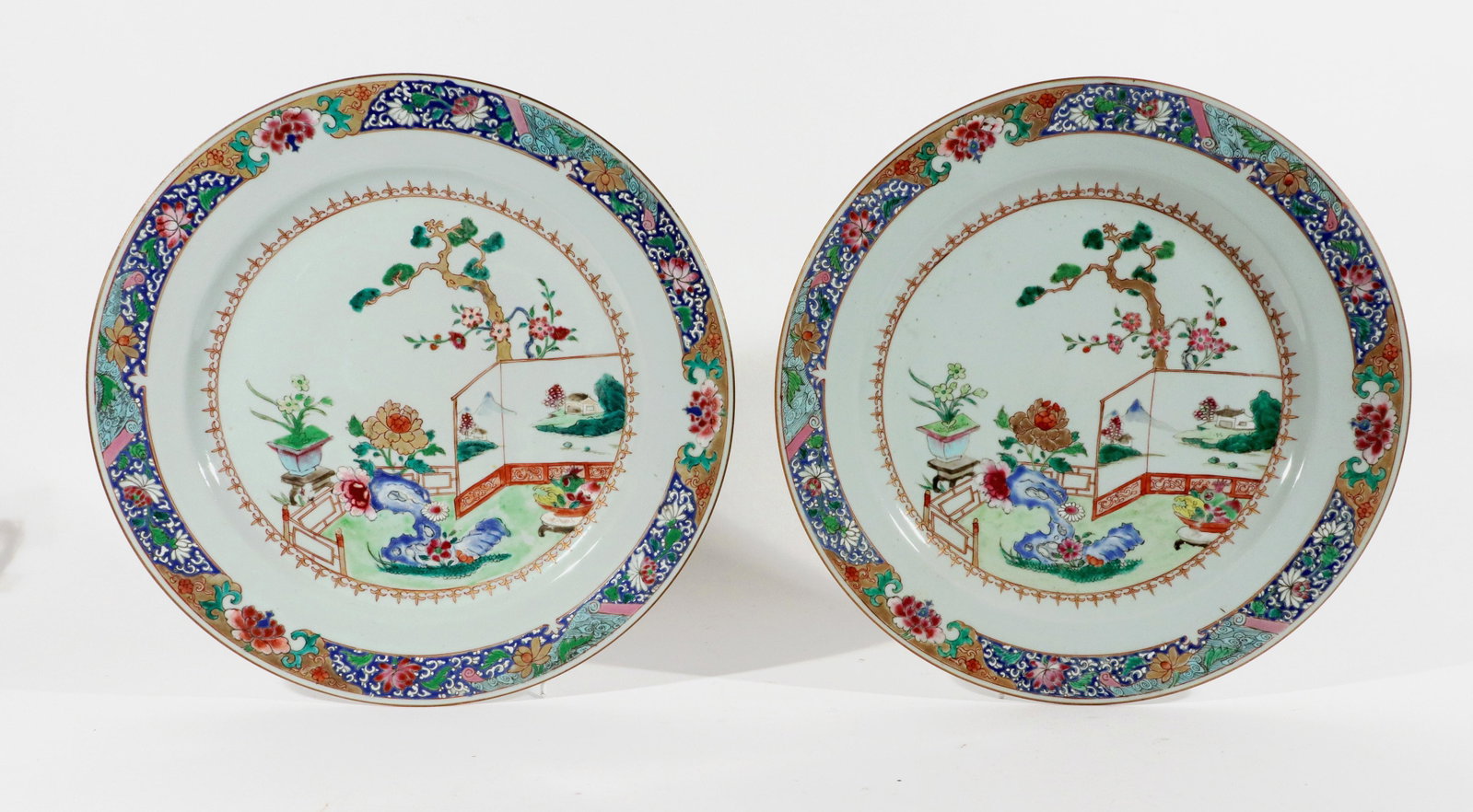 18th-Century Chinese Export Porcelain Famille Rose "˜Garden' Dishes - a Pair - 18