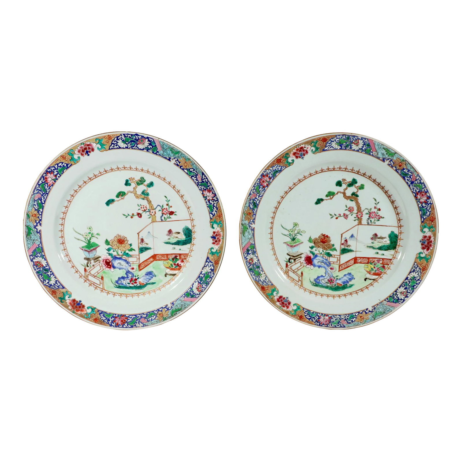 18th-Century Chinese Export Porcelain Famille Rose "˜Garden' Dishes - a Pair (1 of 18)