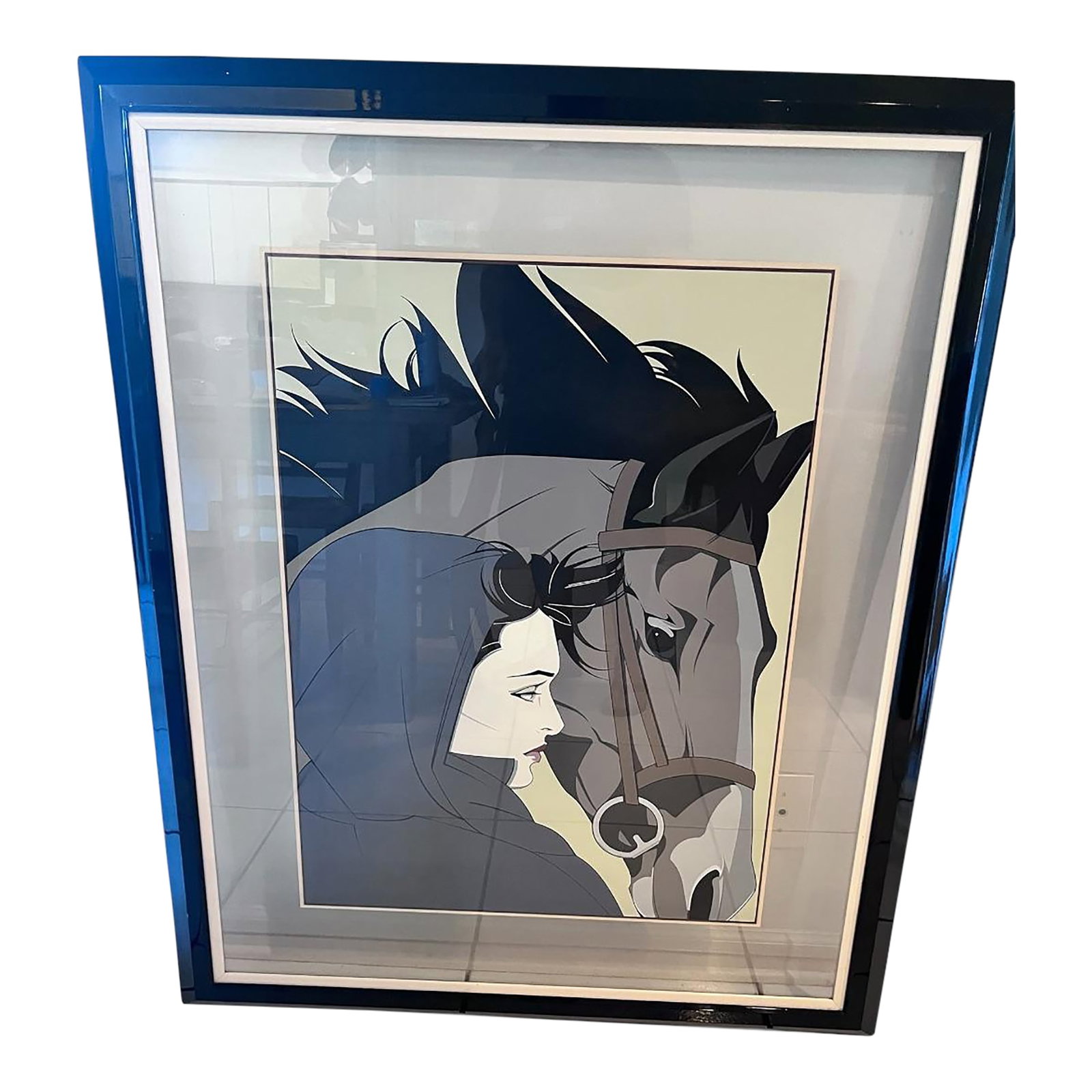 1980s Patrick Nagel "Woman With Horse" Commemorative Serigraph | Float Mounted Between Glass: A striking Patrick Nagel commemorative serigraph featuring the iconic "Woman with Horse" composition, showcasing the artist's unmistakable graphic style with elegant lines, muted gray tones, and