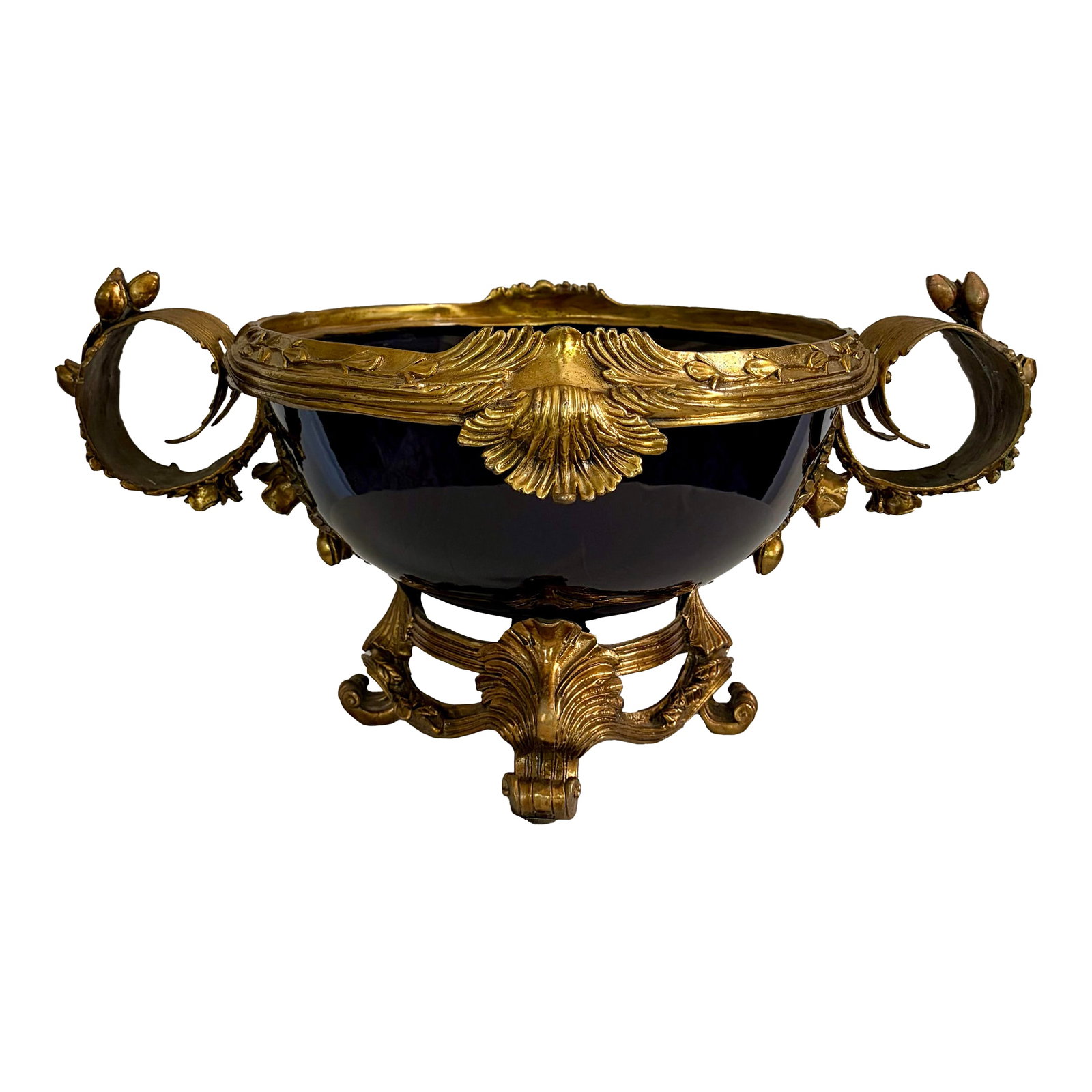 Vintage French Sèvres Style Cobalt Porcelain & Ormolu Centerpiece Bowl | Louis XV Revival: Richly appointed in deep cobalt porcelain and framed by finely cast ormolu mounts, this impressive French Sèvres style centerpiece captures the enduring elegance of Louis XV-inspired decorative
