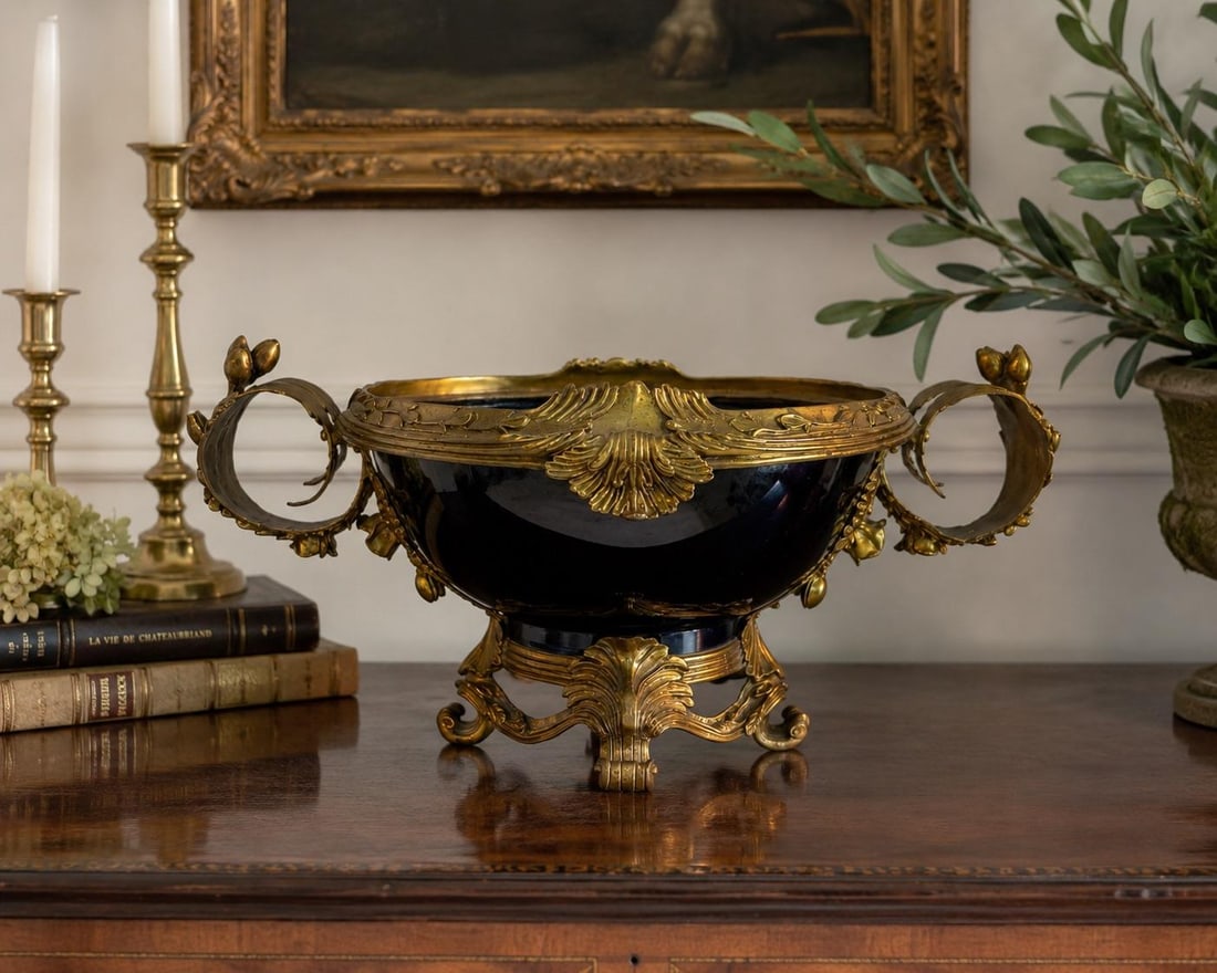 Vintage French Sèvres Style Cobalt Porcelain & Ormolu Centerpiece Bowl | Louis XV Revival - 2