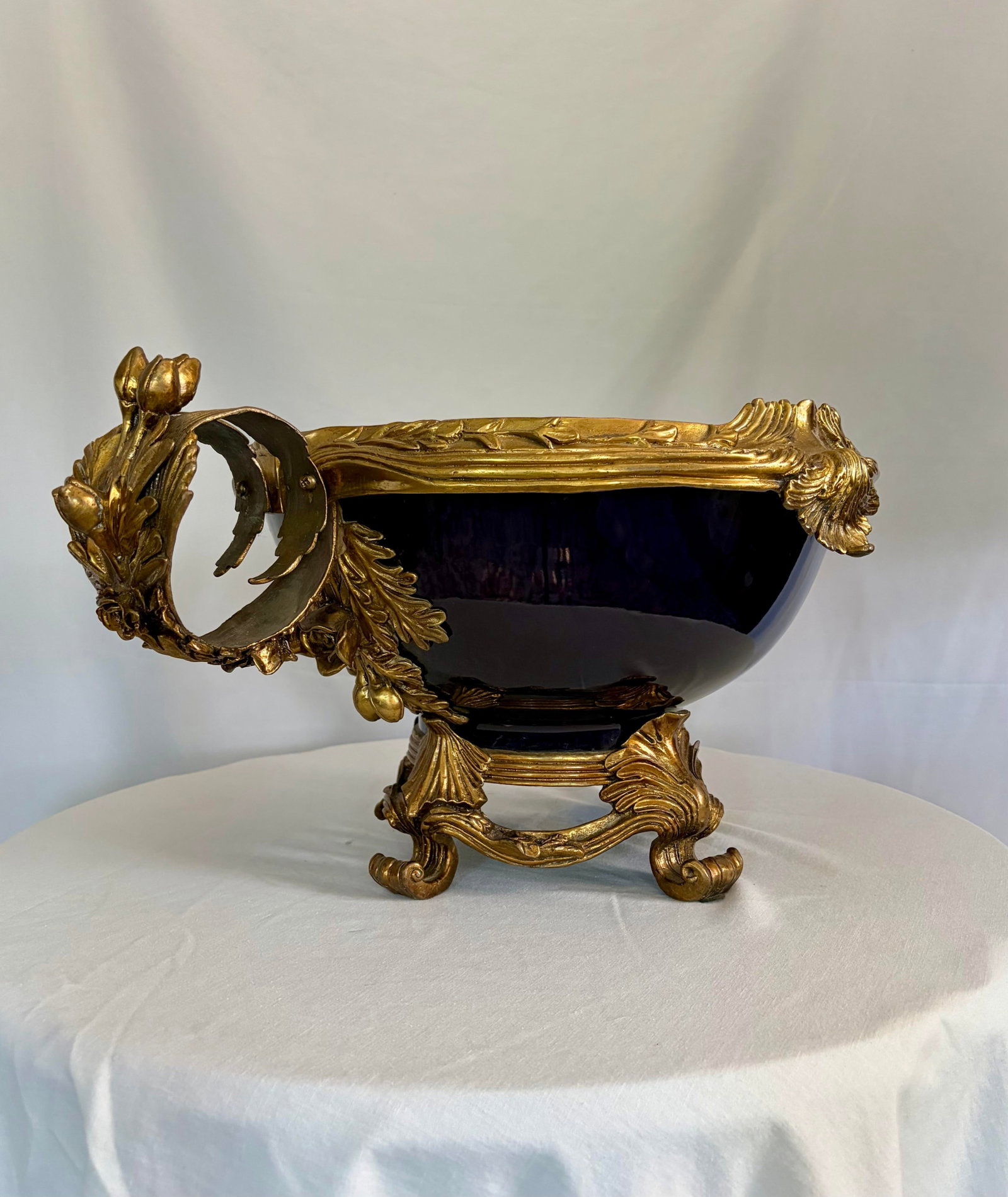 Vintage French Sèvres Style Cobalt Porcelain & Ormolu Centerpiece Bowl | Louis XV Revival - 3