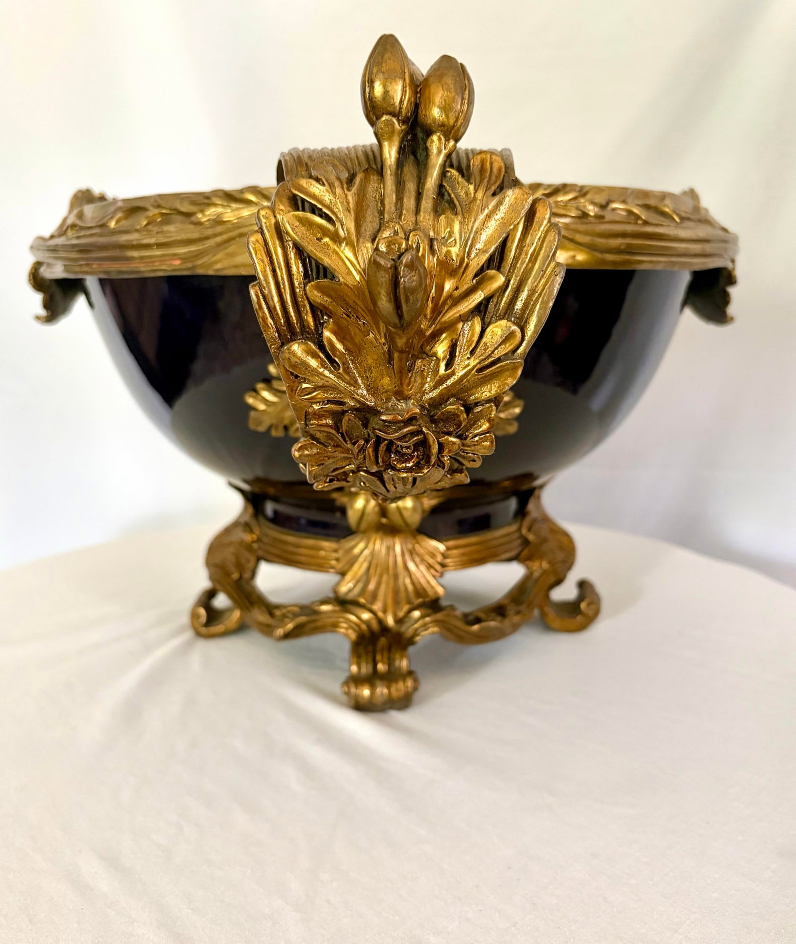 Vintage French Sèvres Style Cobalt Porcelain & Ormolu Centerpiece Bowl | Louis XV Revival - 4