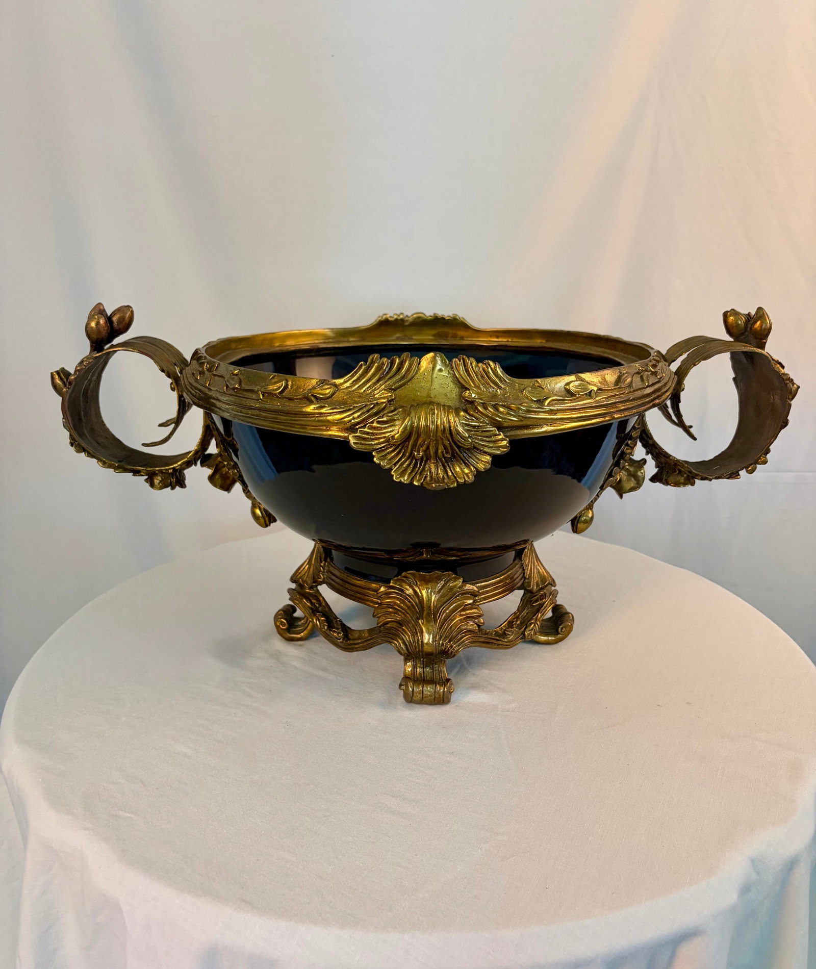 Vintage French Sèvres Style Cobalt Porcelain & Ormolu Centerpiece Bowl | Louis XV Revival - 9