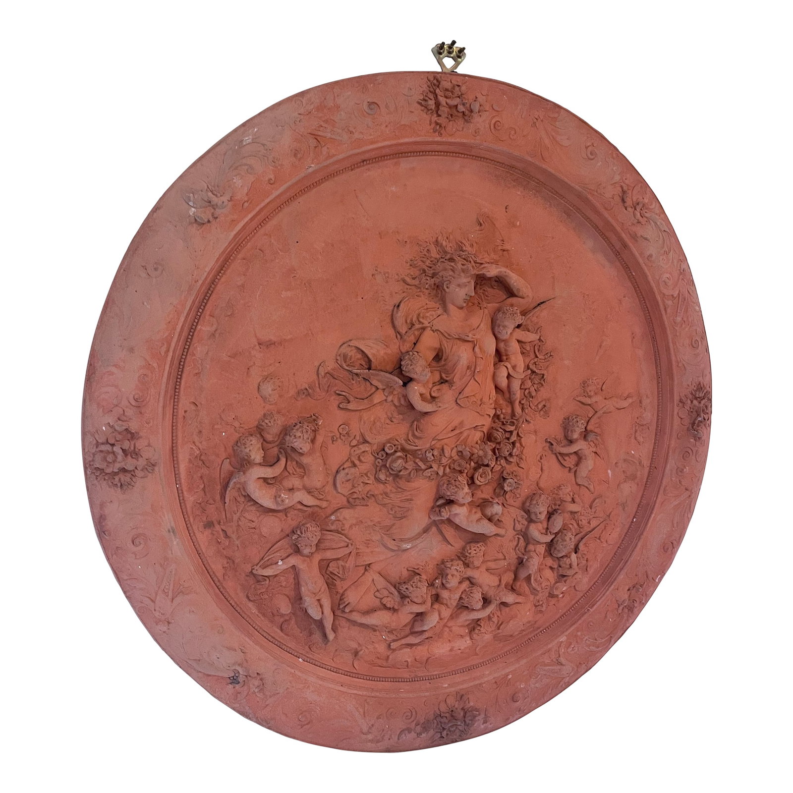 Italian Neoclassical Terracotta Relief Plaque of the Goddess Flora, Circa 1910: A beautifully modeled Italian Neoclassical terracotta relief plaque depicting Flora, the Roman goddess of flowers and spring. Dating to approximately 1910, this impressive 24-inch round architectural 