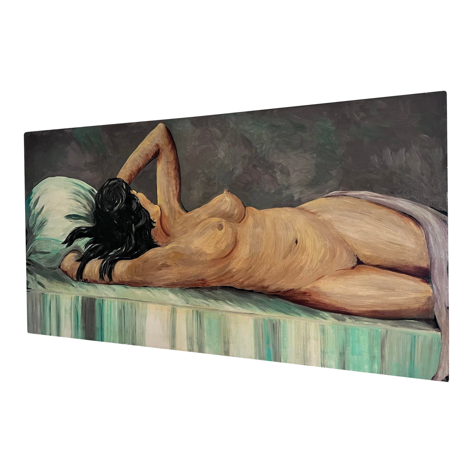 Large Mid-Century Modern Reclining Nude Oil Painting, Circa 1950s: An original mid-century oil on canvas depicting a reclining female nude rendered with expressive, painterly brushwork and a sophisticated palette of charcoal, cream, taupe, and soft celadon. The