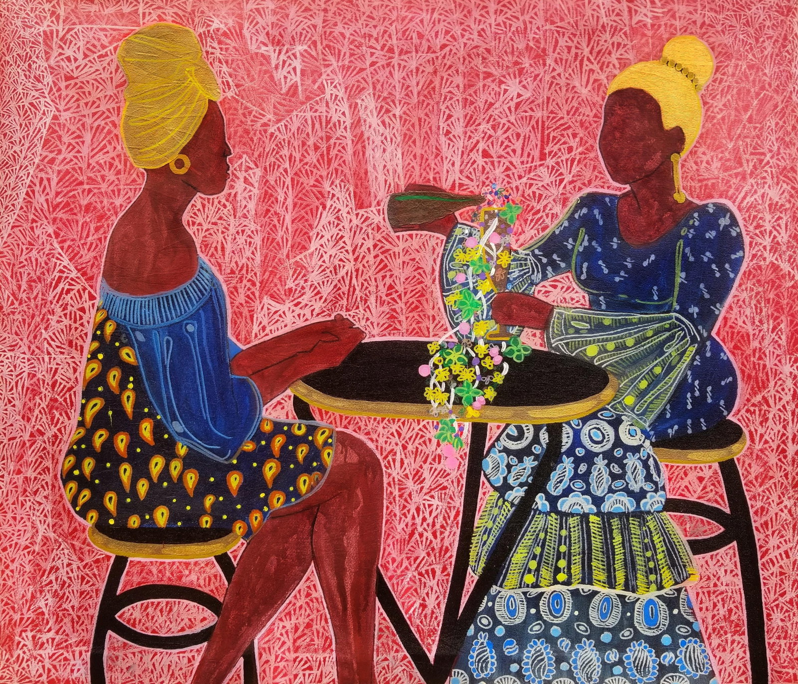 The Confrontation 1 (Abeni and Yeye's Mirage of Peace), Acrylic on Canvas Painting: Abeni! Let's discuss; the market women are unsettled. Won't you address them? I want to believe that you are doing all you can to secure the best interest of the women in the community? Janet Adegoke 