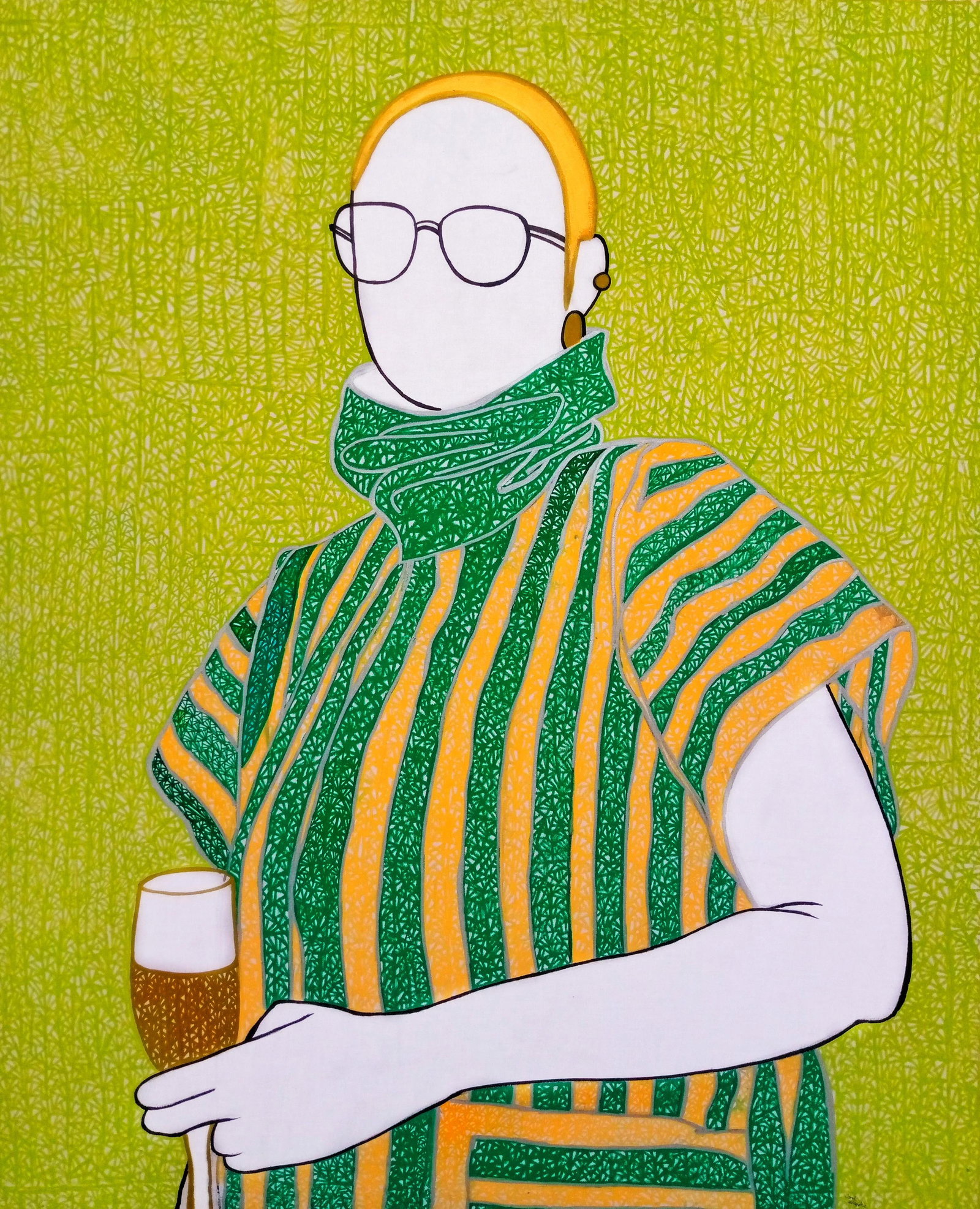 Why Does My Drink Taste Funny, Acrylic on Canvas Painting, 2021: Janet Adegoke Why Does My Drink Taste Funny, 2021 Acrylic on canvas 42 x 36 x 1 in Unique work Includes a Certificate of Authenticity Shipping Procedure: Ships in a well-protected tube from Lagos,