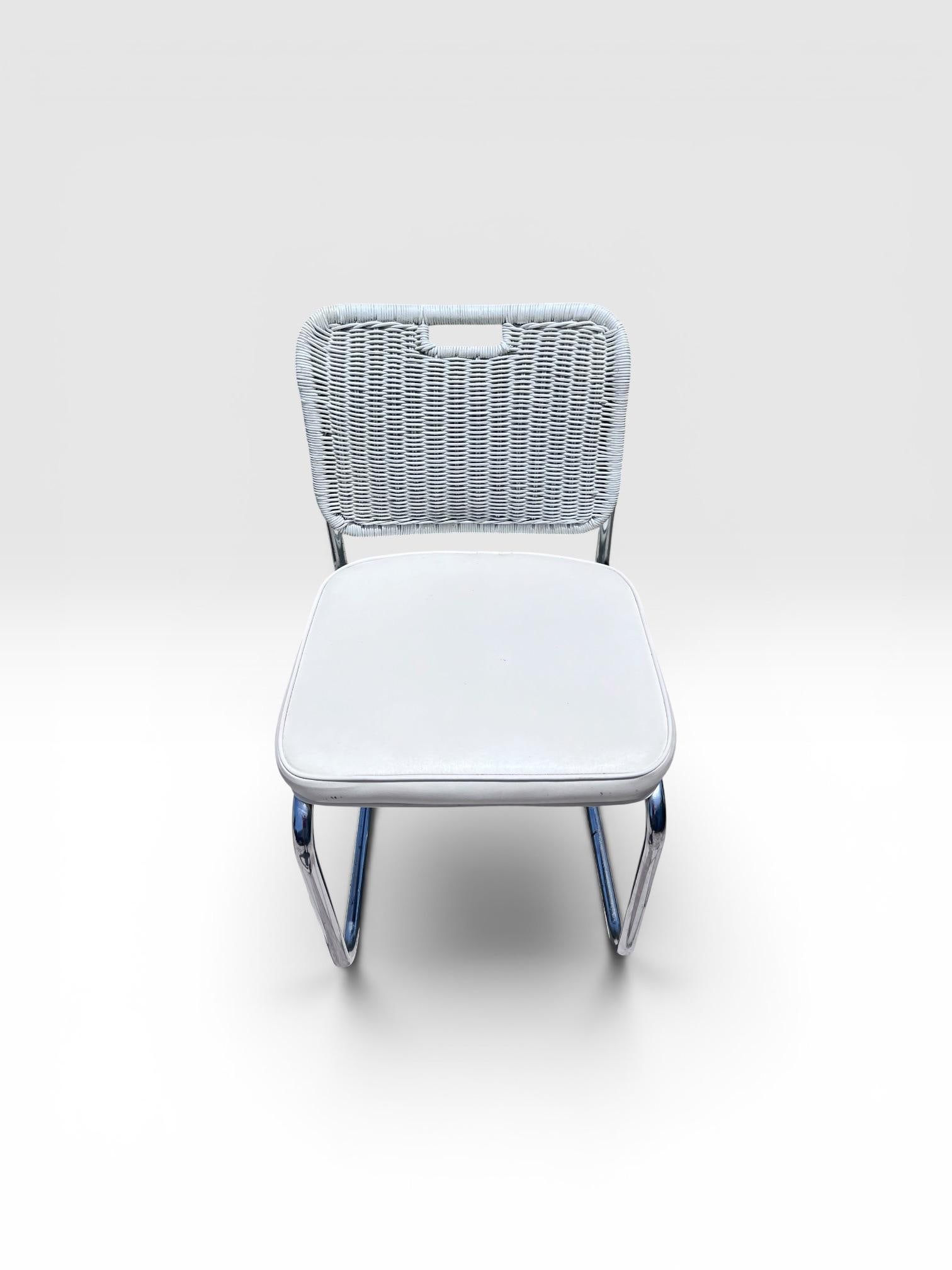 Vintage Set of Four Chrome Cantilever Dining Chairs With White Woven Rattan Backs - 10