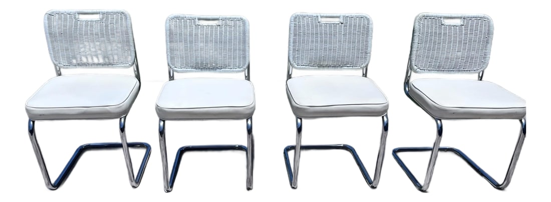 Vintage Set of Four Chrome Cantilever Dining Chairs With White Woven Rattan Backs (1 of 11)